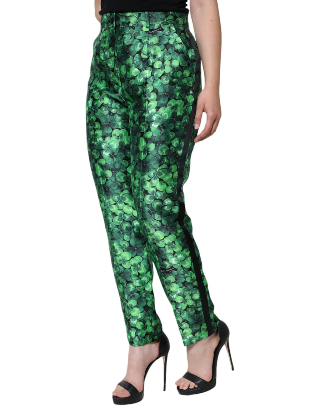 Dolce & Gabbana Green Clover Silk Satin High Waist Tapered Pants - Zeiniez