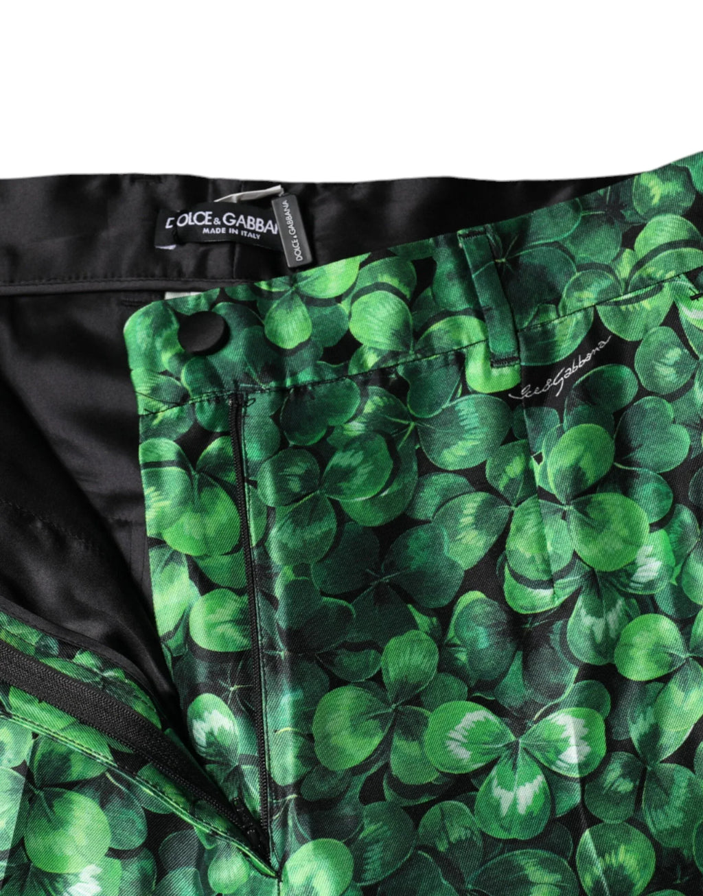 Dolce & Gabbana Green Clover Silk Satin High Waist Tapered Pants - Zeiniez