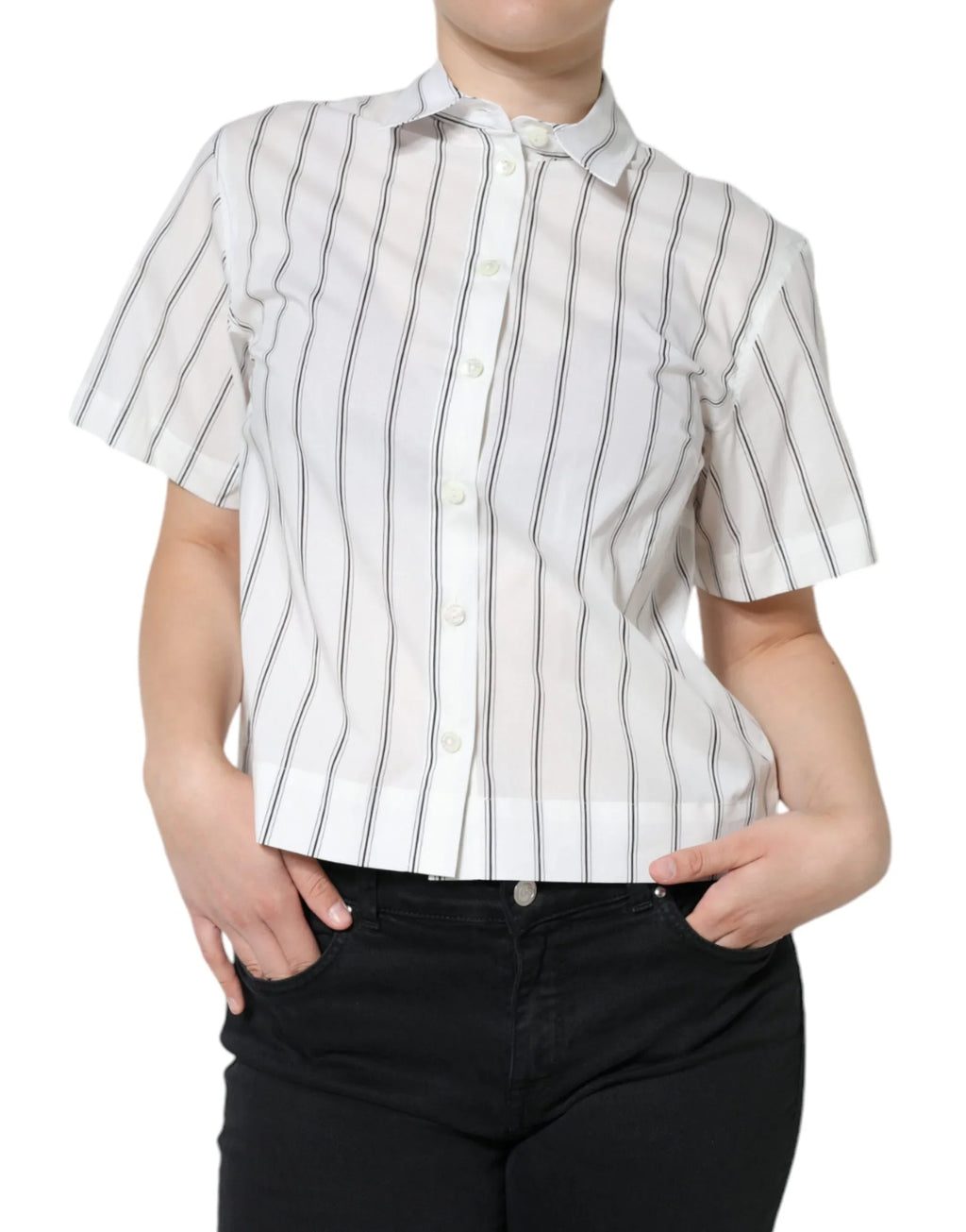 Dolce & Gabbana White Striped Collared Short Sleeve Polo Top - Zeiniez