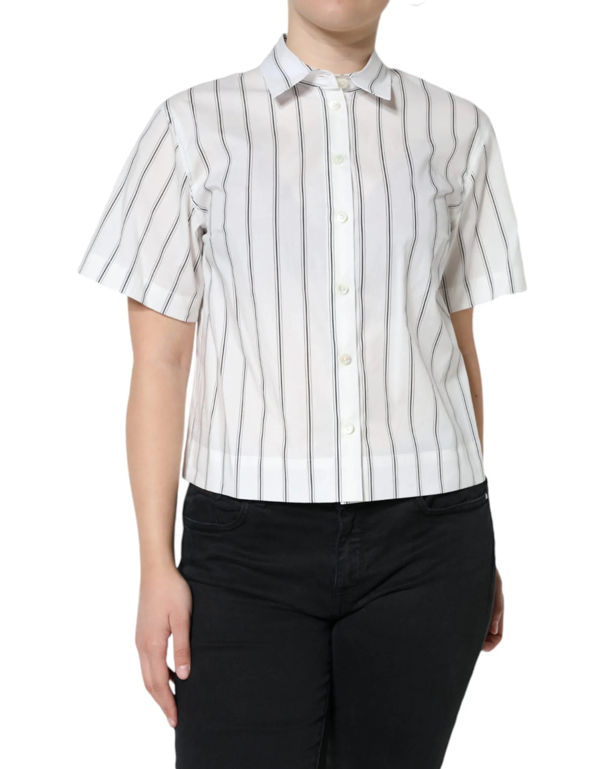 Dolce & Gabbana White Striped Collared Short Sleeve Polo Top - Zeiniez