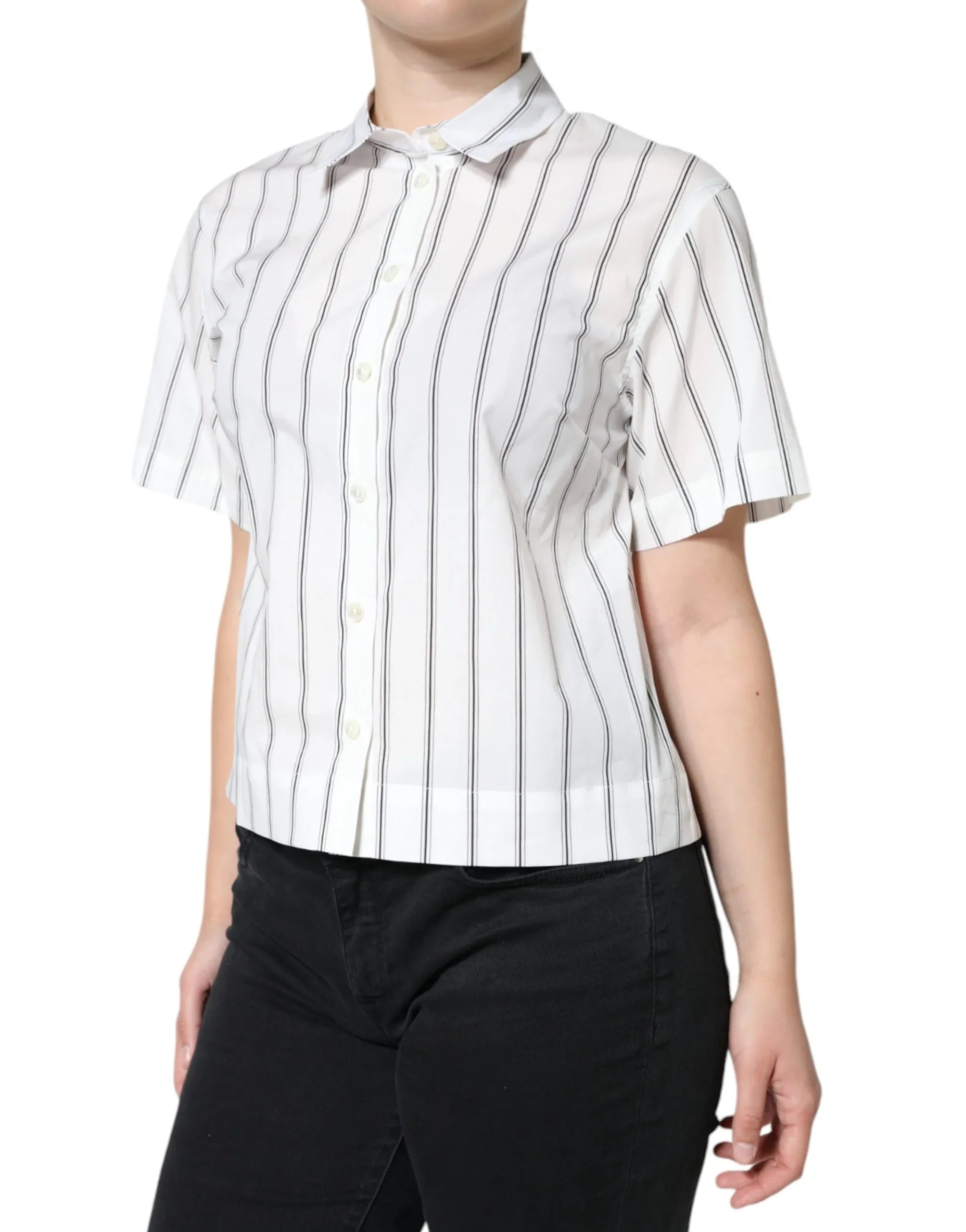 Dolce & Gabbana White Striped Collared Short Sleeve Polo Top - Zeiniez