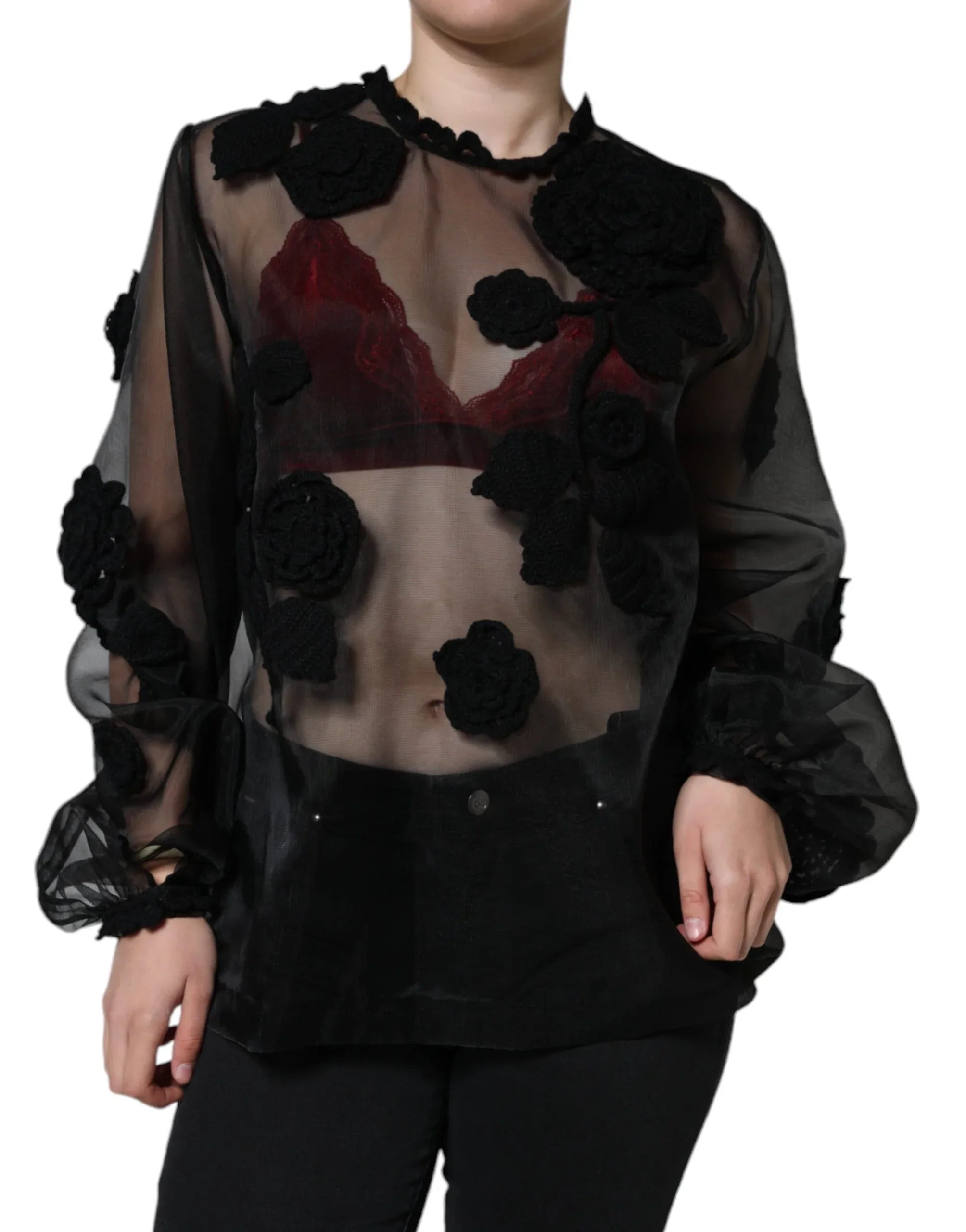 Dolce & Gabbana Black Nylon Mesh Transparent Floral Blouse - Zeiniez