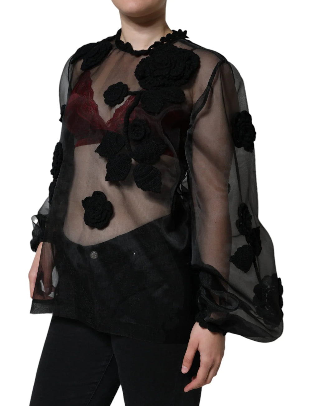 Dolce & Gabbana Black Nylon Mesh Transparent Floral Blouse - Zeiniez