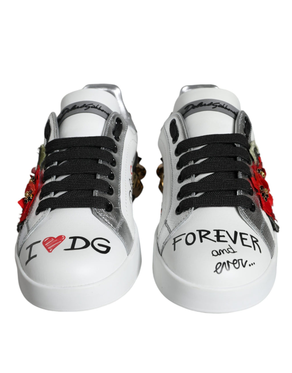 Dolce & Gabbana White Leather Floral Studded Sneakers Shoes - Zeiniez