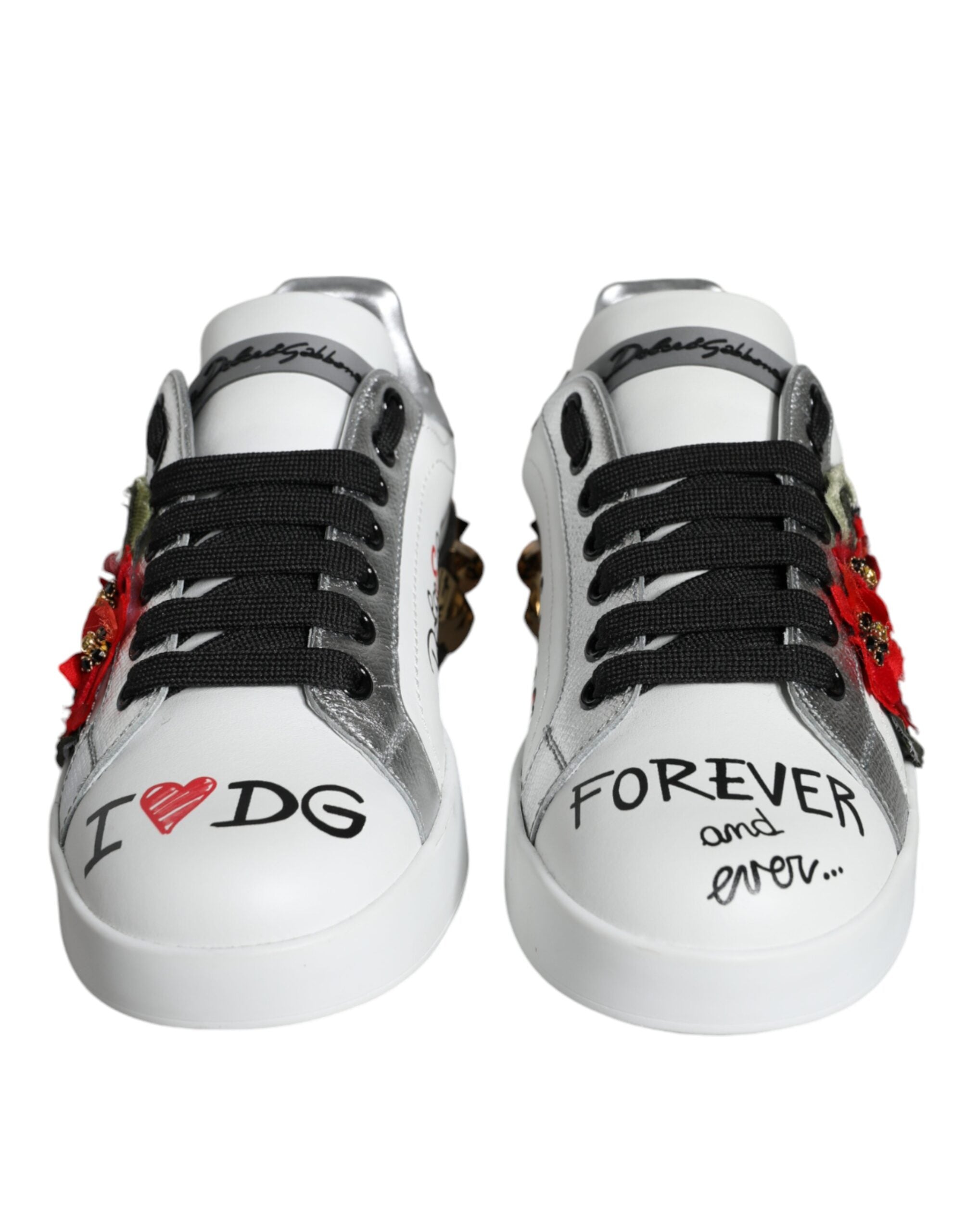 Dolce & Gabbana White Leather Floral Studded Sneakers Shoes - Zeiniez