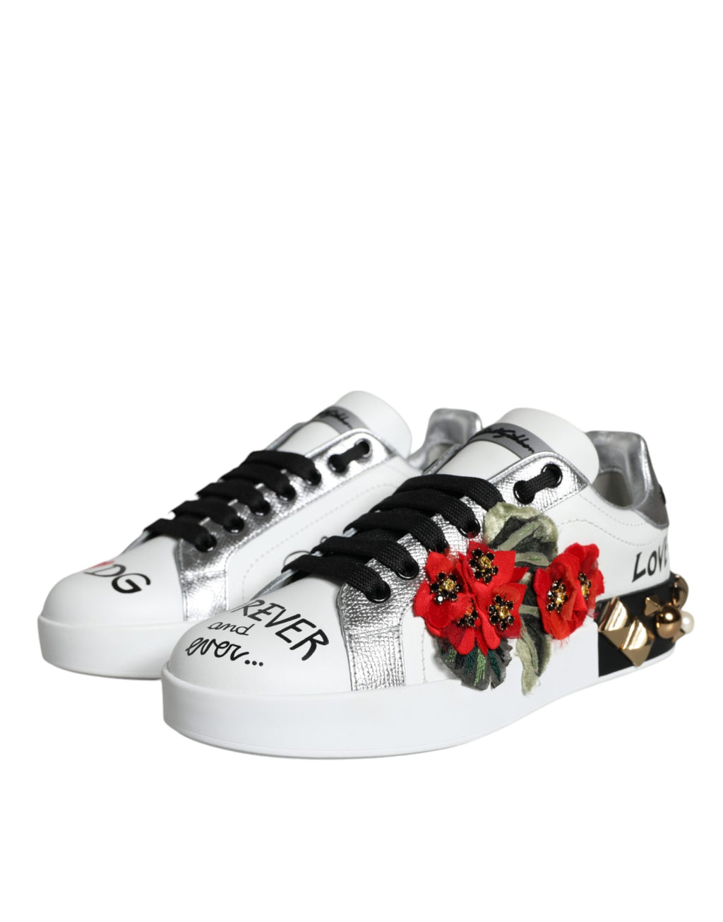 Dolce & Gabbana White Leather Floral Studded Sneakers Shoes - Zeiniez