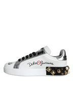 Dolce & Gabbana White Leather Floral Studded Sneakers Shoes - Zeiniez