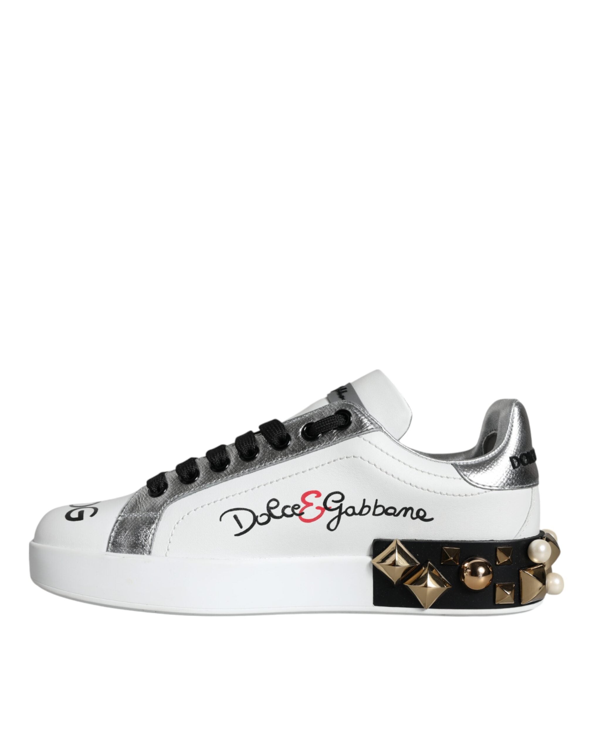 Dolce & Gabbana White Leather Floral Studded Sneakers Shoes - Zeiniez