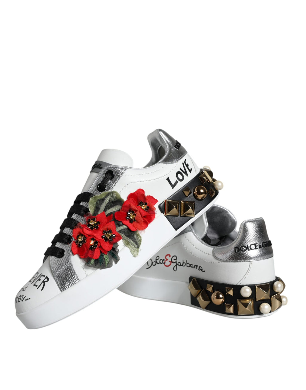Dolce & Gabbana White Leather Floral Studded Sneakers Shoes - Zeiniez