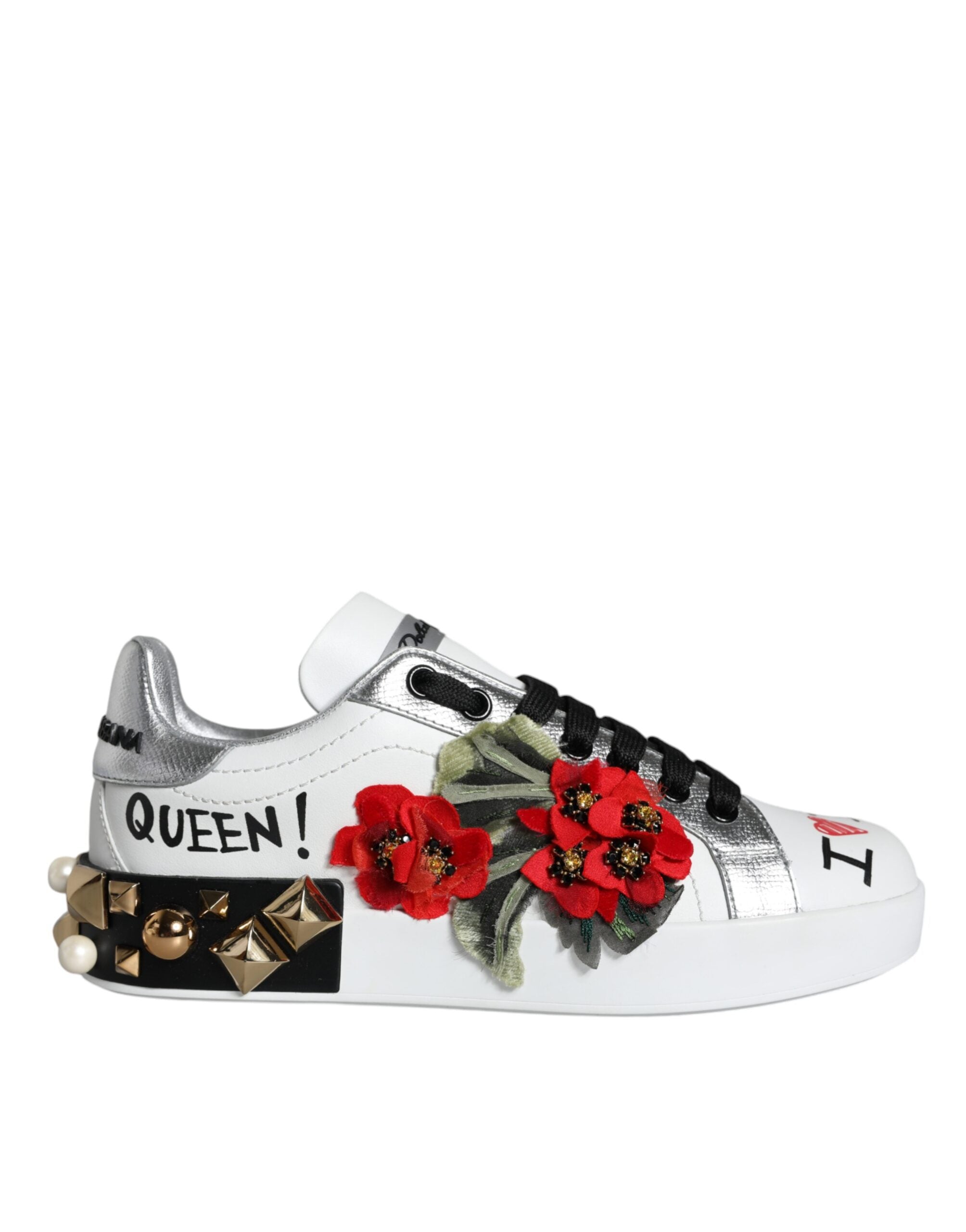 Dolce & Gabbana White Leather Floral Studded Sneakers Shoes - Zeiniez