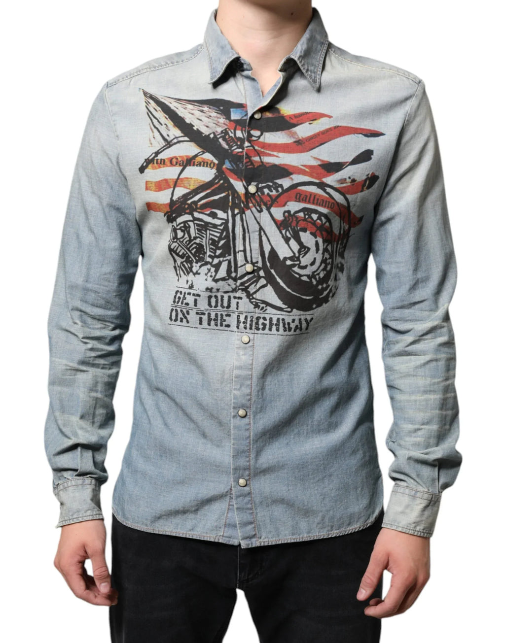 John Galliano Light Blue Printed Cotton Denim Long Sleeves Shirt - Zeiniez