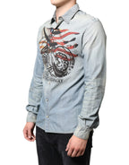 John Galliano Light Blue Printed Cotton Denim Long Sleeves Shirt - Zeiniez