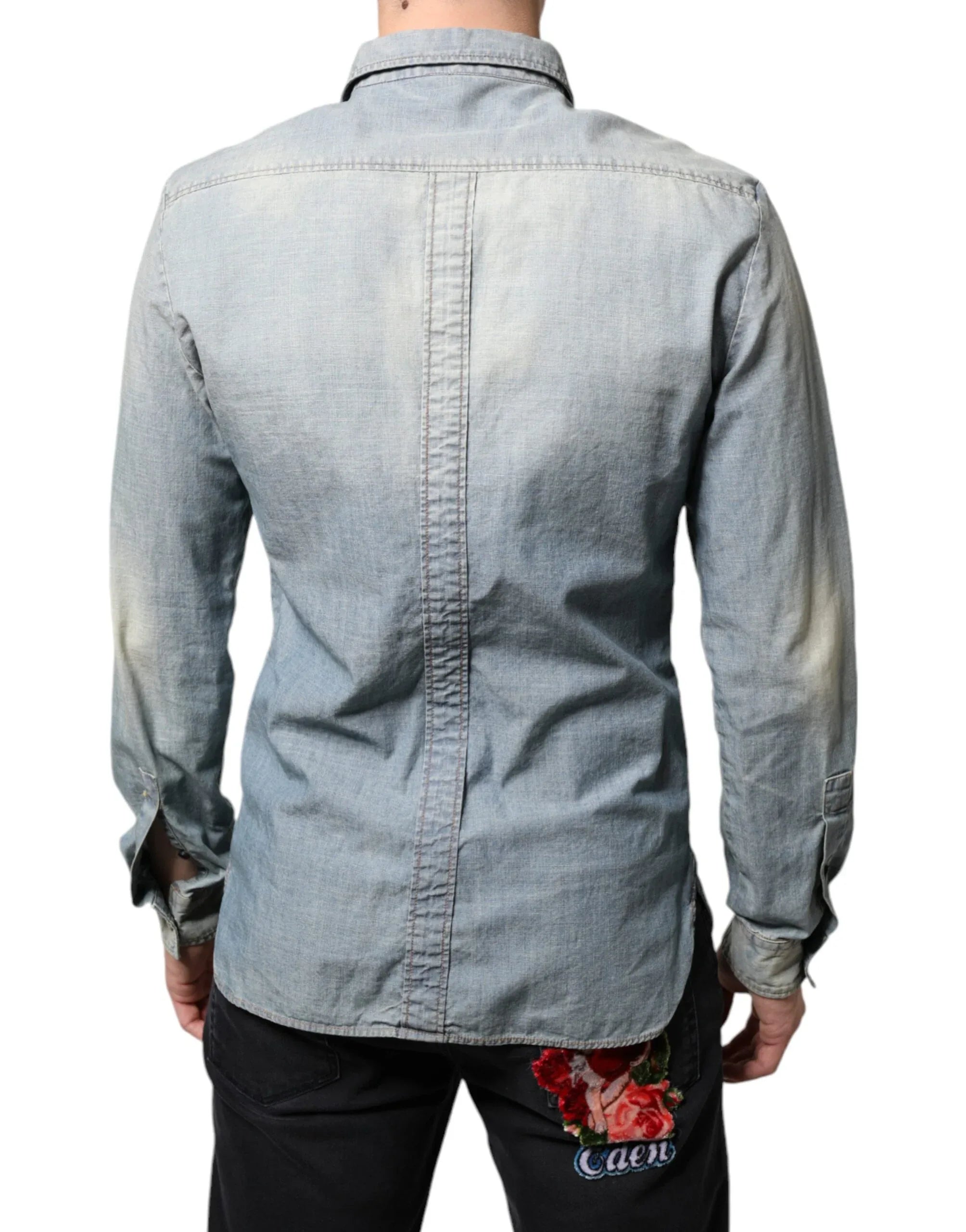 John Galliano Light Blue Printed Cotton Denim Long Sleeves Shirt - Zeiniez