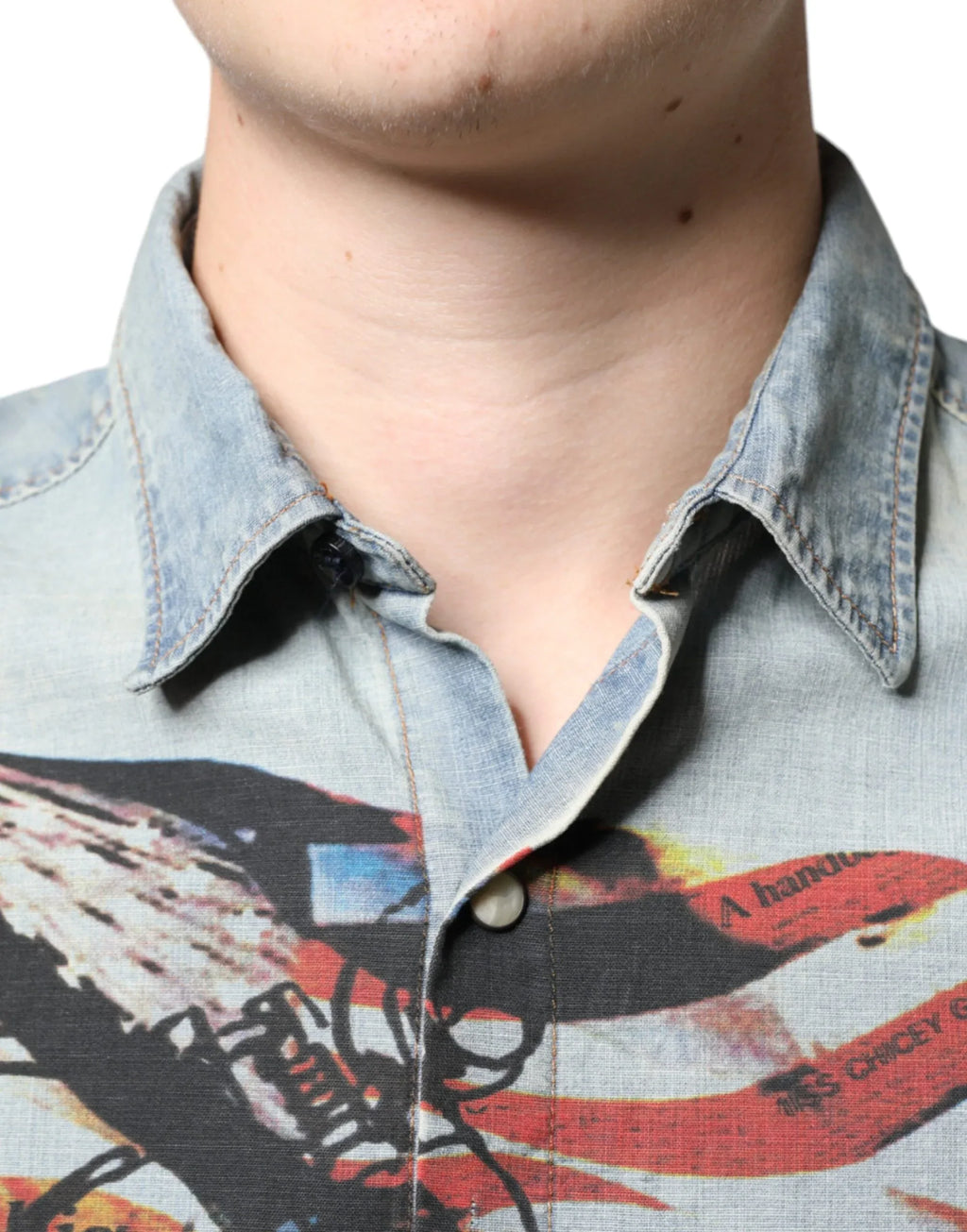 John Galliano Light Blue Printed Cotton Denim Long Sleeves Shirt - Zeiniez