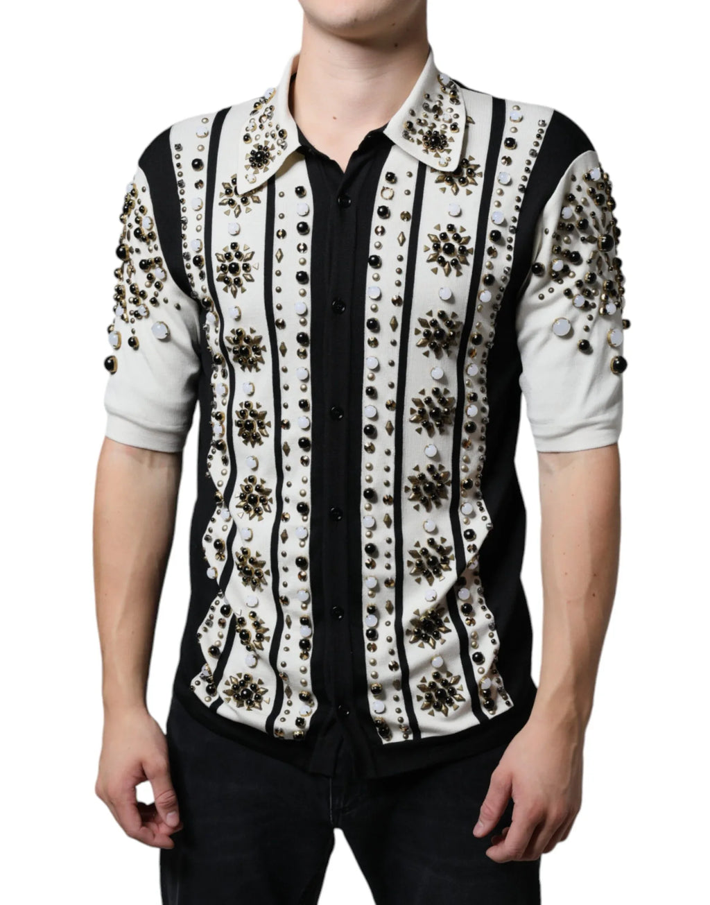 Dolce & Gabbana White Black Silk Studded Stone Crystal Shirt - Zeiniez