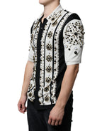 Dolce & Gabbana White Black Silk Studded Stone Crystal Shirt - Zeiniez