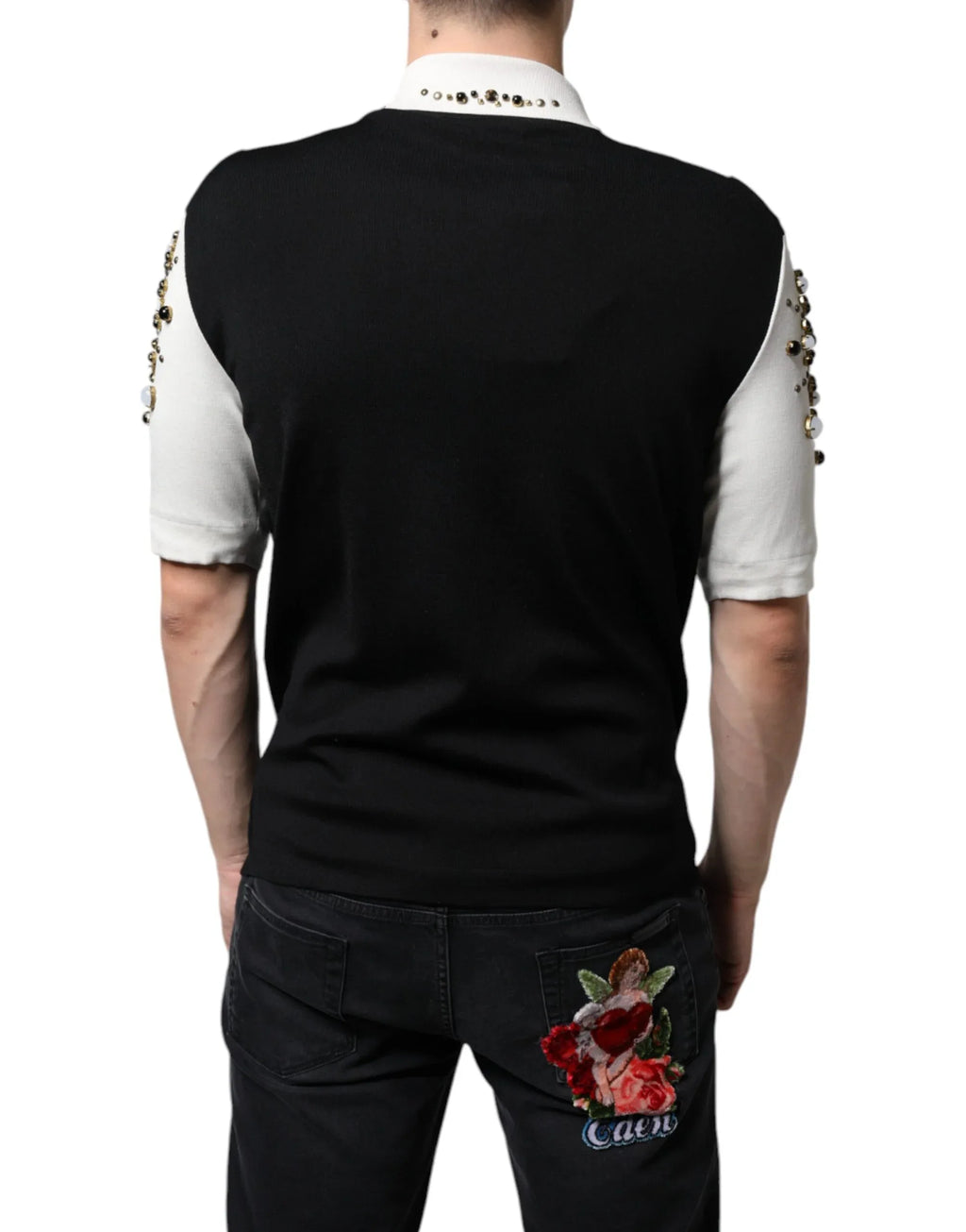 Dolce & Gabbana White Black Silk Studded Stone Crystal Shirt - Zeiniez