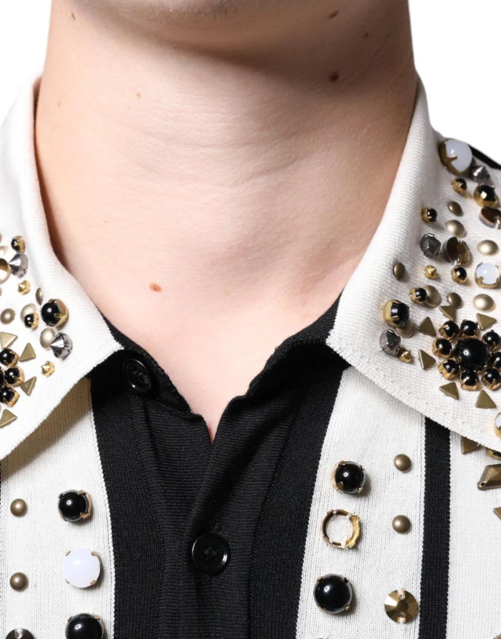 Dolce & Gabbana White Black Silk Studded Stone Crystal Shirt - Zeiniez