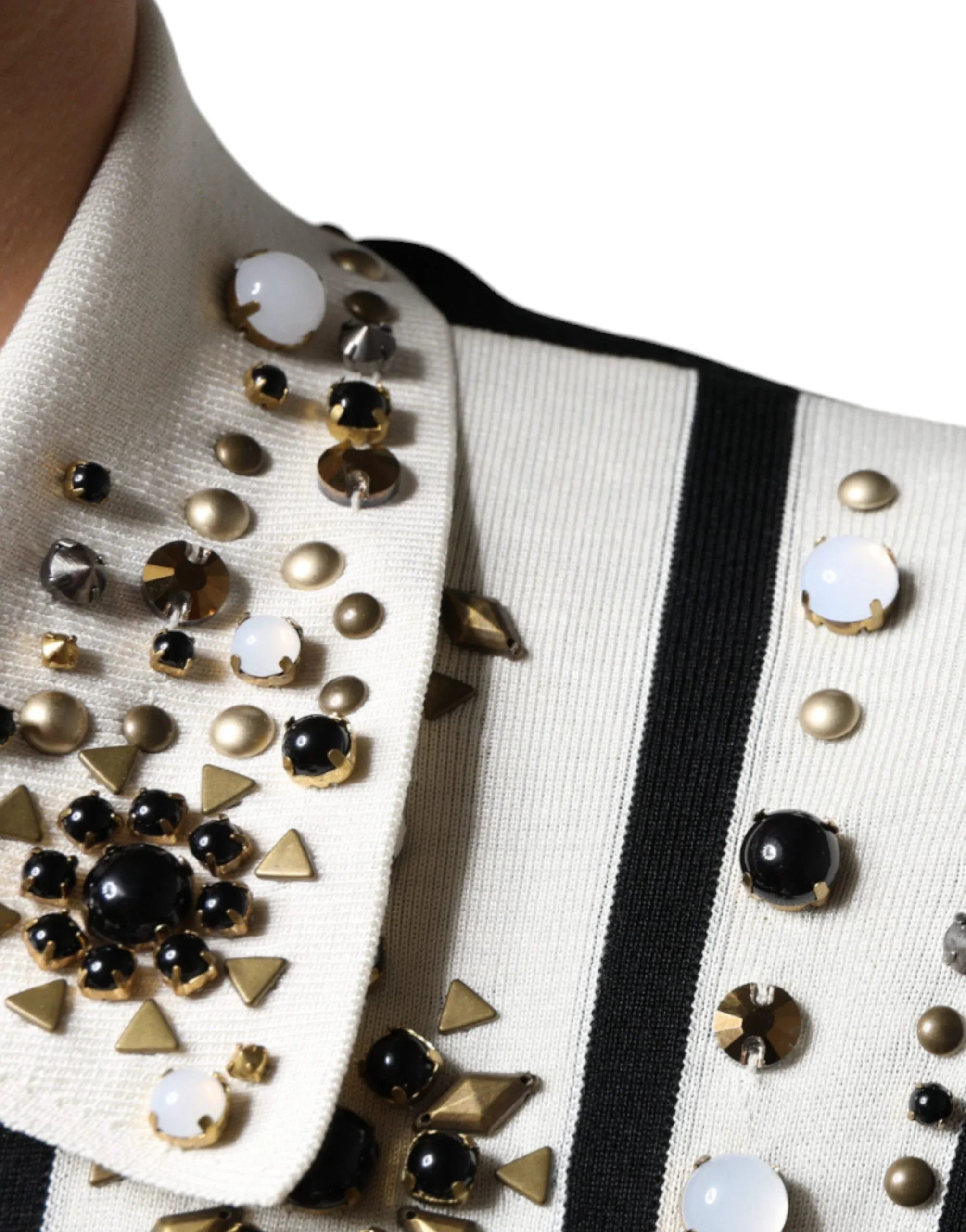 Dolce & Gabbana White Black Silk Studded Stone Crystal Shirt - Zeiniez