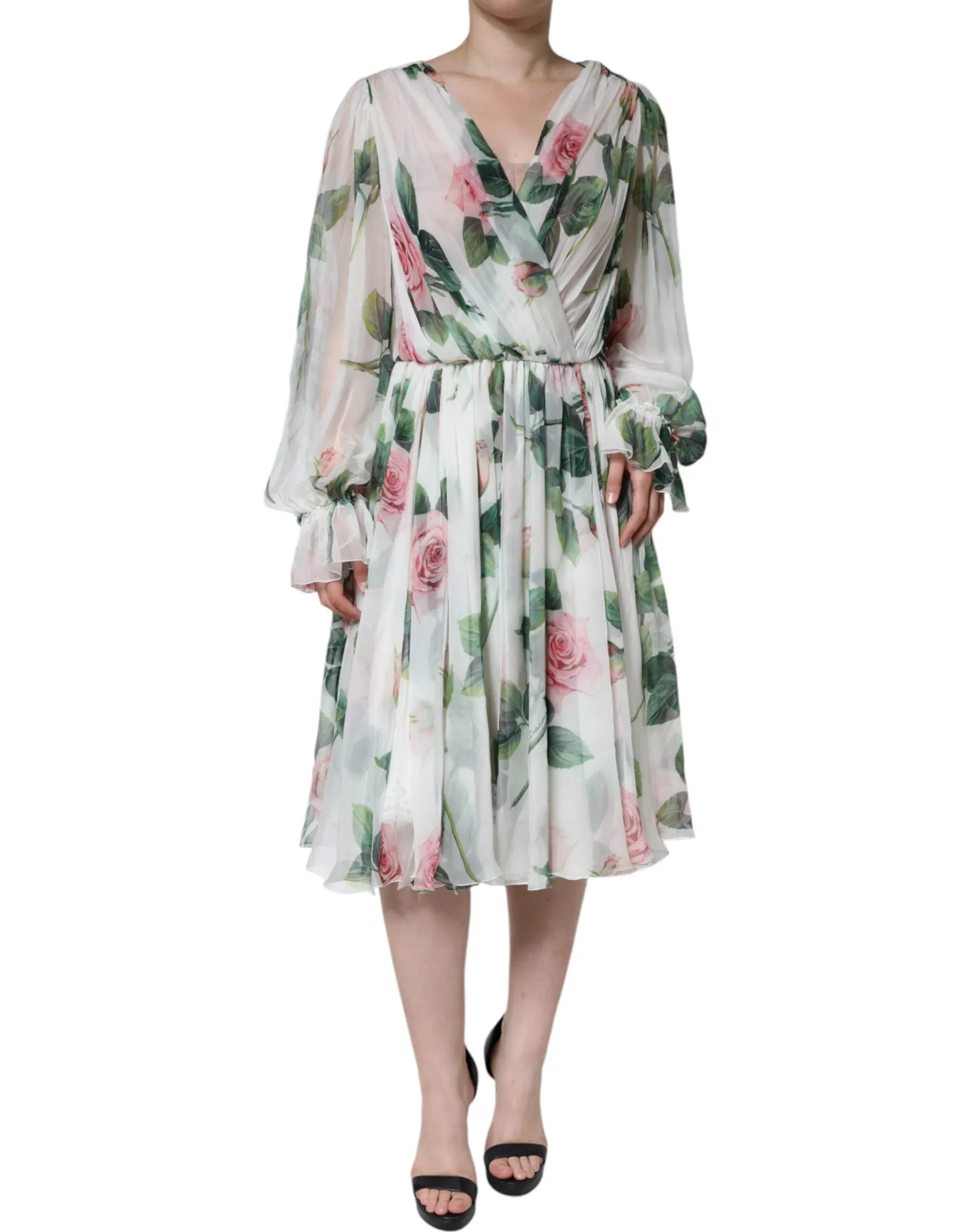 Dolce & Gabbana White Silk Floral Print A-line Midi Dress - Zeiniez