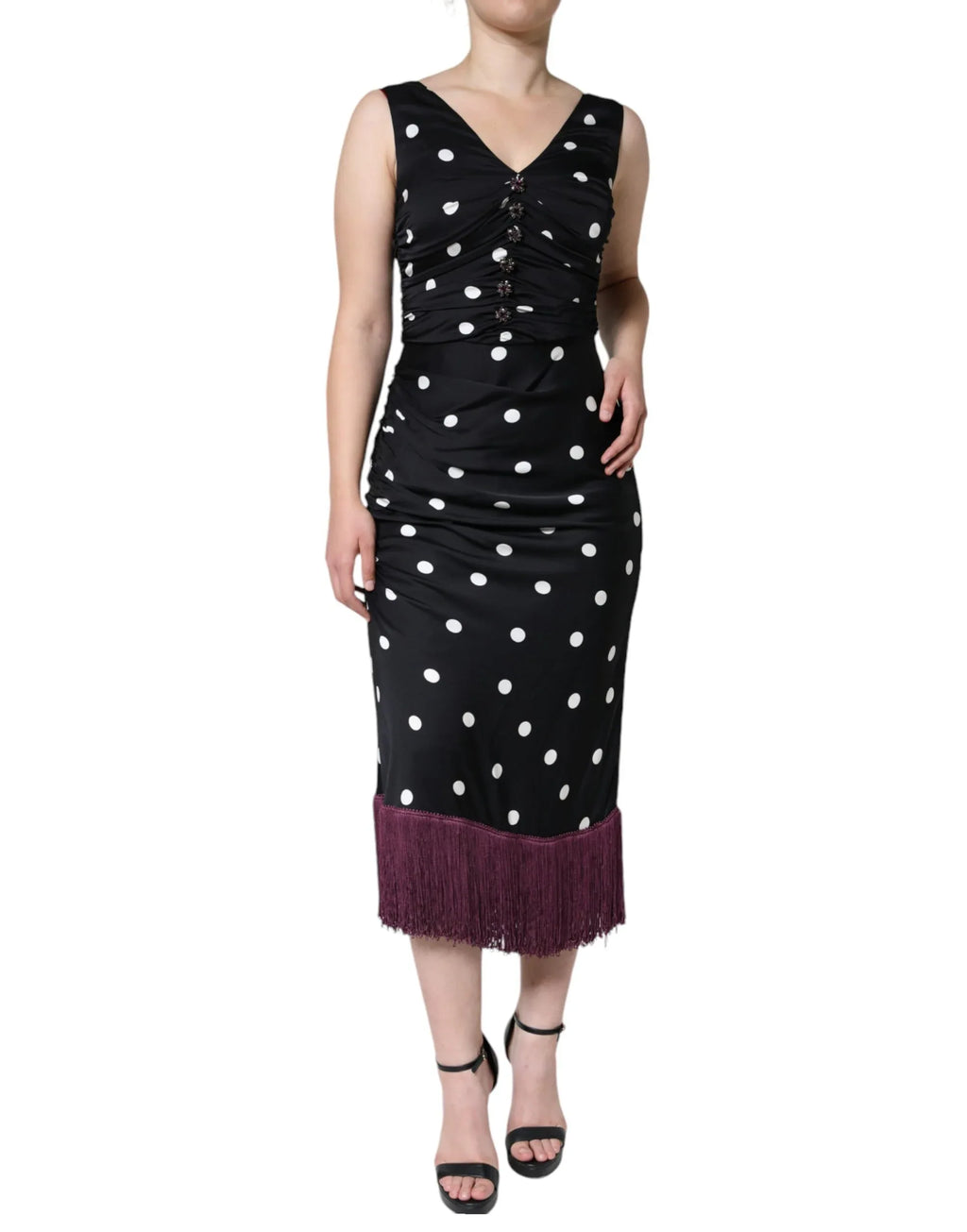 Dolce & Gabbana Black Silk Polka Dot Vneck Tassel Midi Dress - Zeiniez