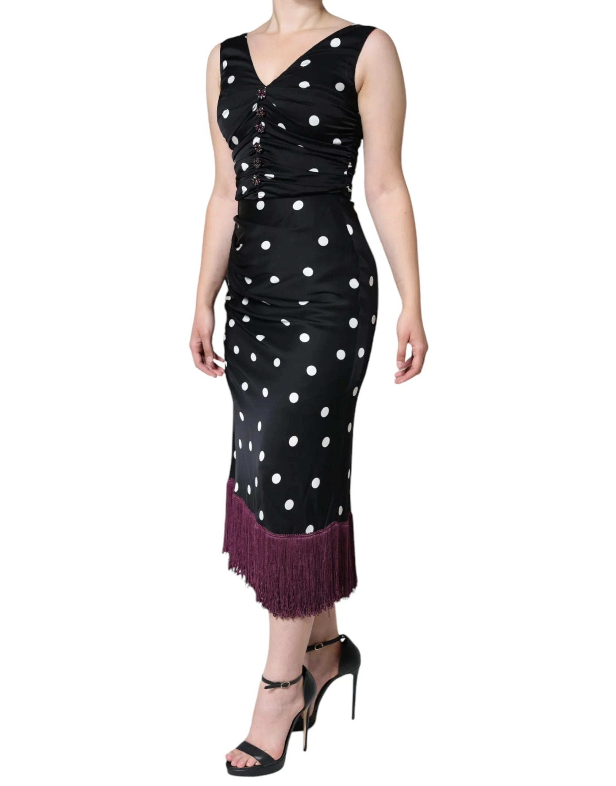 Dolce & Gabbana Black Silk Polka Dot Vneck Tassel Midi Dress - Zeiniez