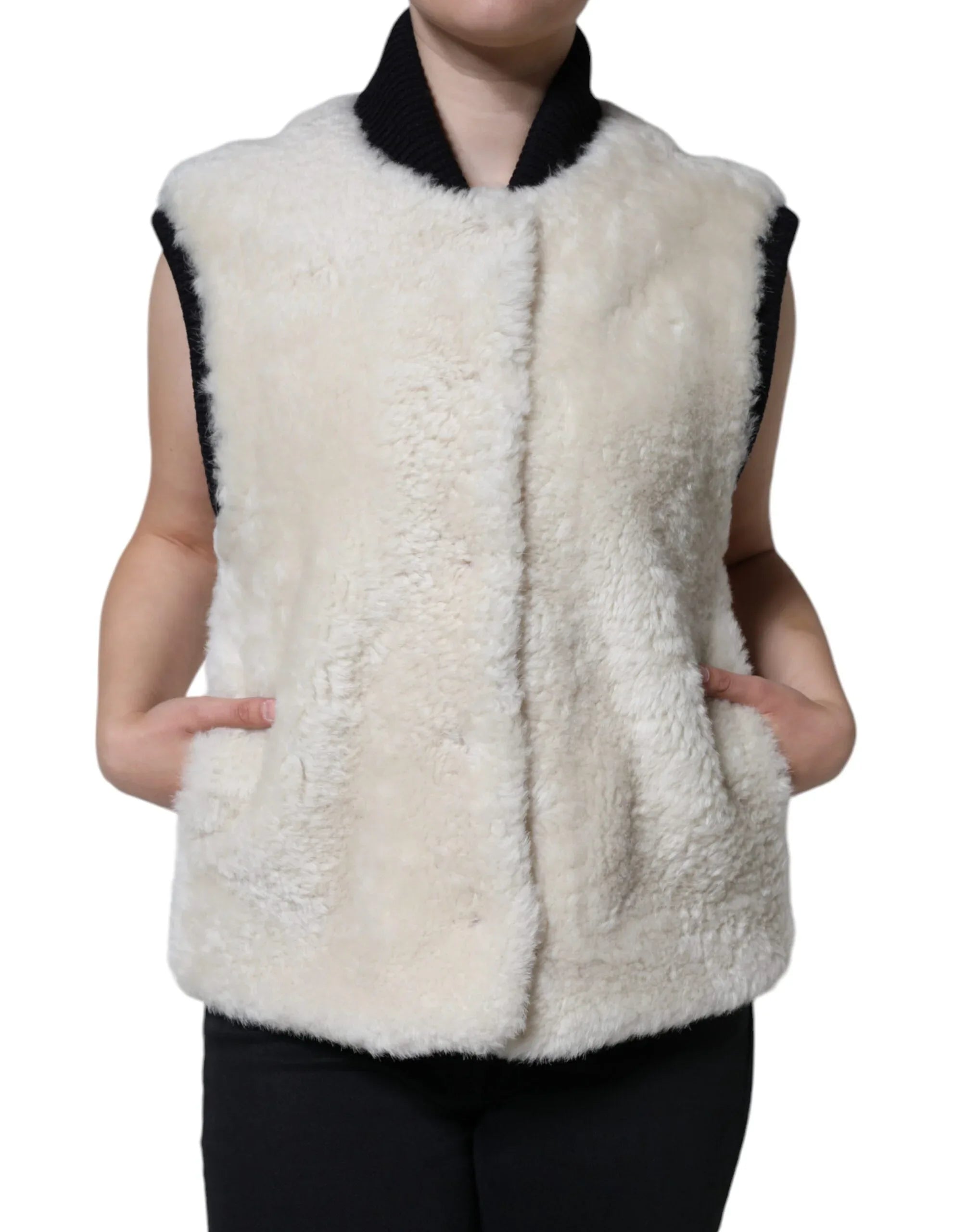 Burberry White WARRENFORD Shearling Leather Vest Coat Jacket - Zeiniez