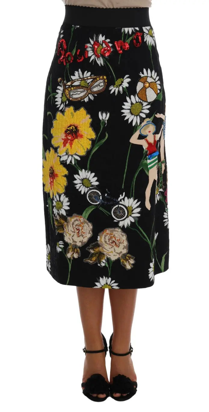 Dolce & Gabbana Black Embellished Daisy Brocade Skirt - Zeiniez