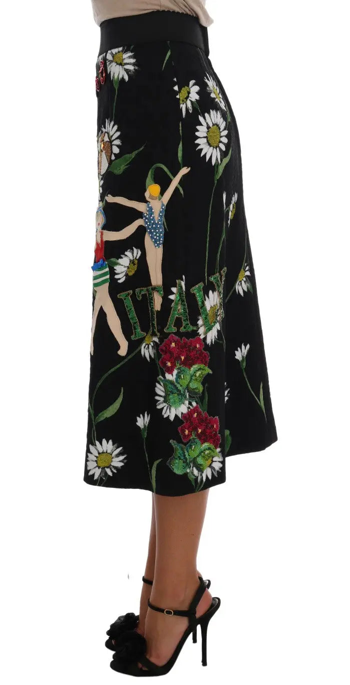 Dolce & Gabbana Black Embellished Daisy Brocade Skirt - Zeiniez