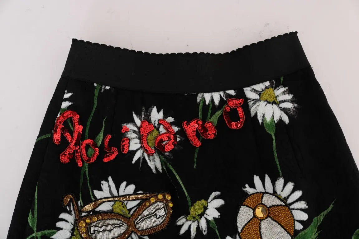 Dolce & Gabbana Black Embellished Daisy Brocade Skirt - Zeiniez