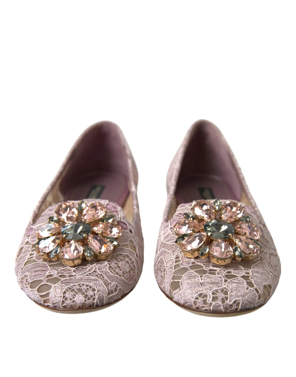 Dolce & Gabbana Pink Lace Crystal Ballet Flats Loafers Shoes - Zeiniez