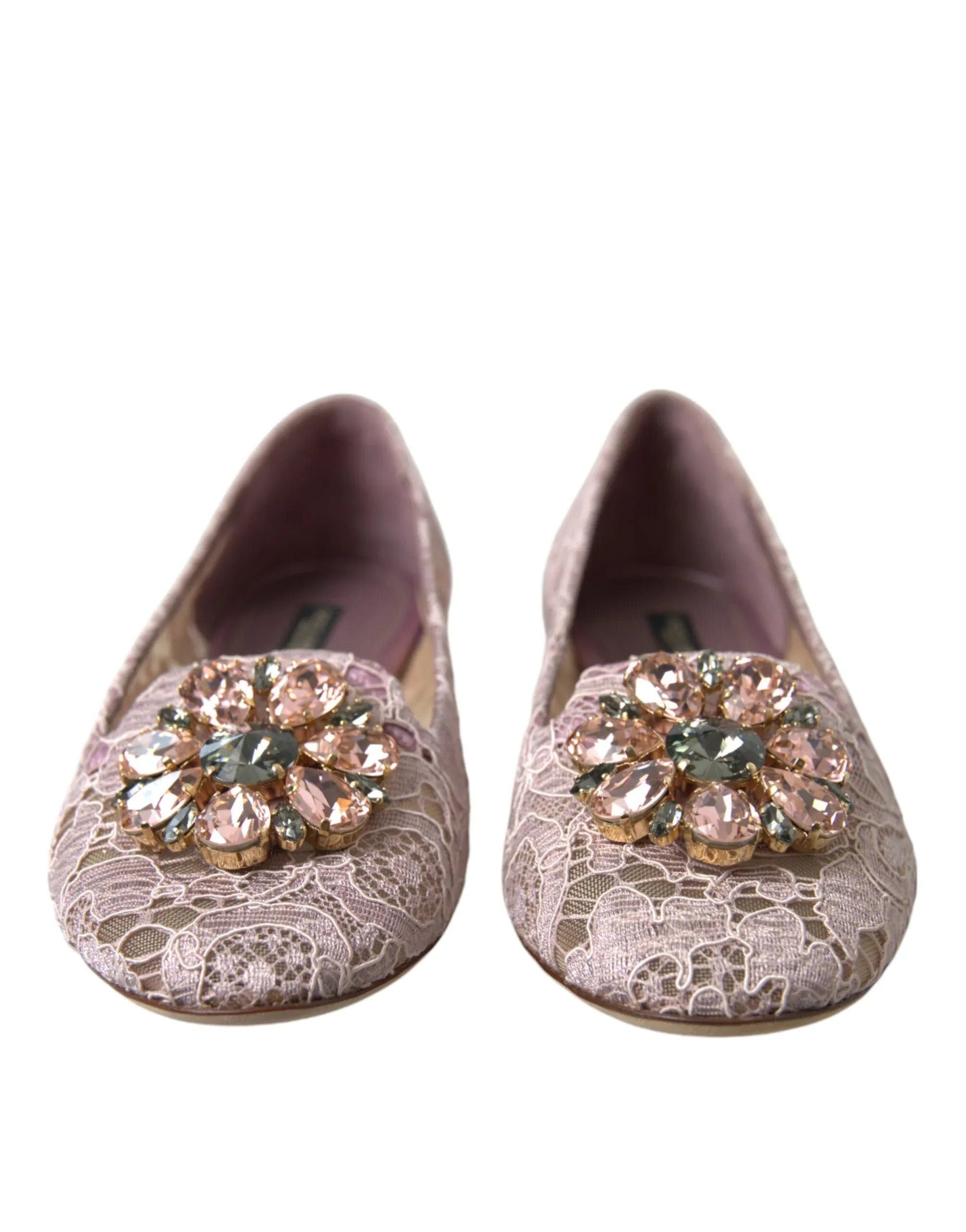 Dolce & Gabbana Pink Lace Crystal Ballet Flats Loafers Shoes - Zeiniez