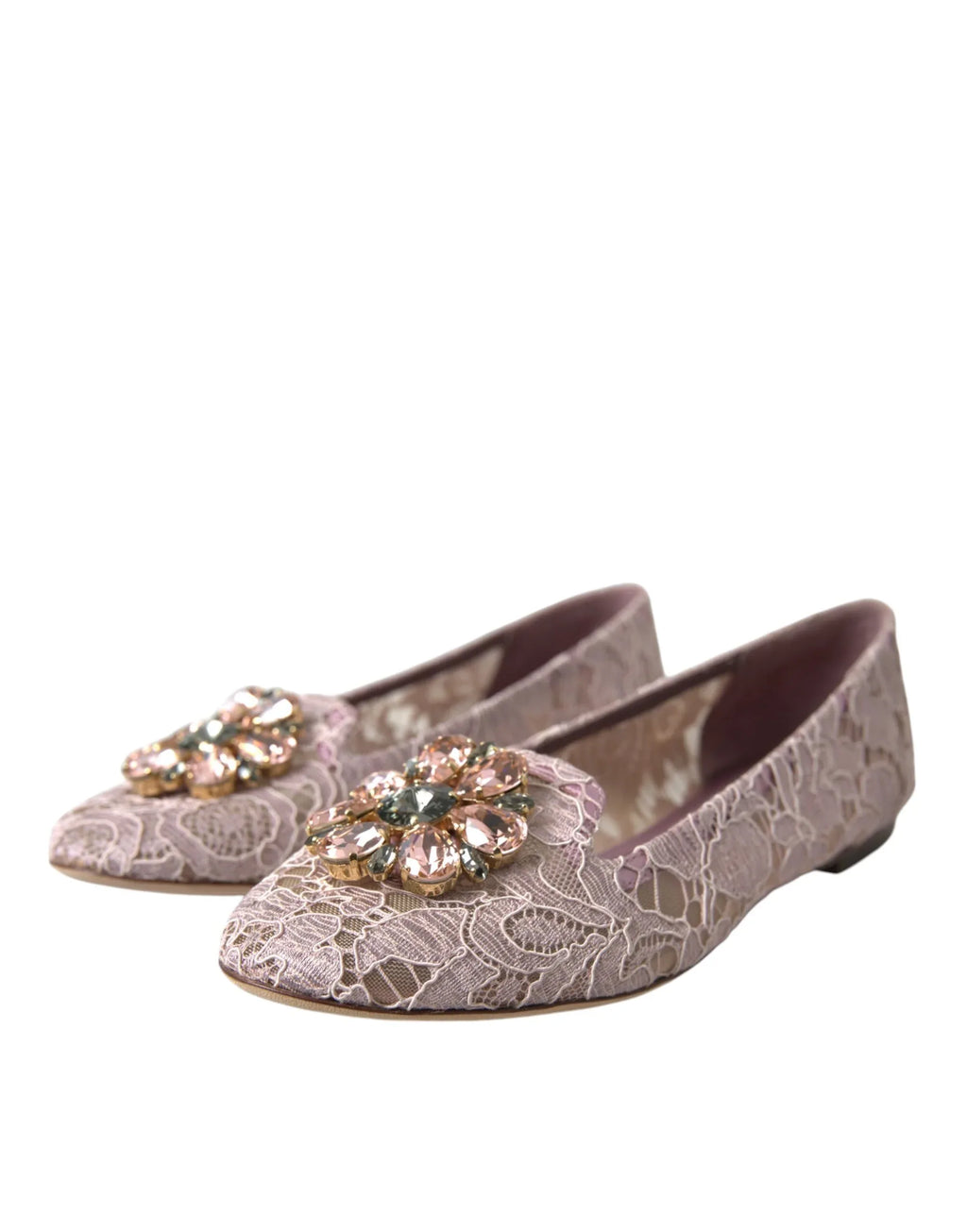 Dolce & Gabbana Pink Lace Crystal Ballet Flats Loafers Shoes - Zeiniez