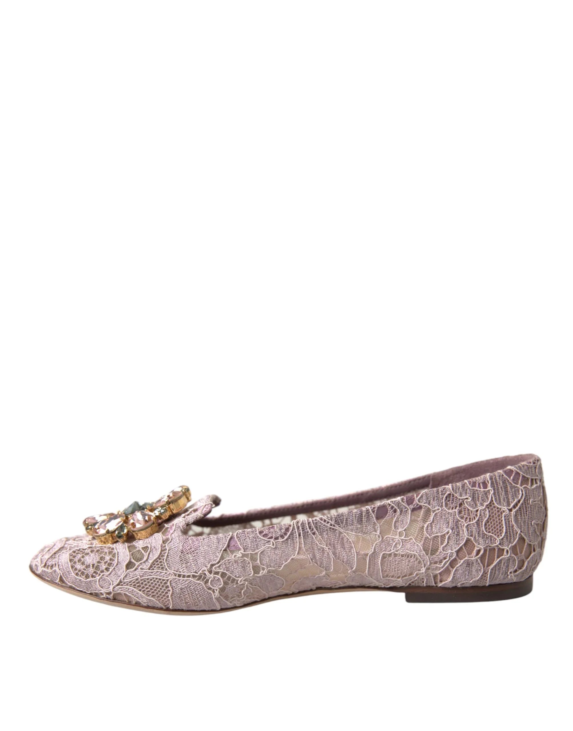Dolce & Gabbana Pink Lace Crystal Ballet Flats Loafers Shoes - Zeiniez