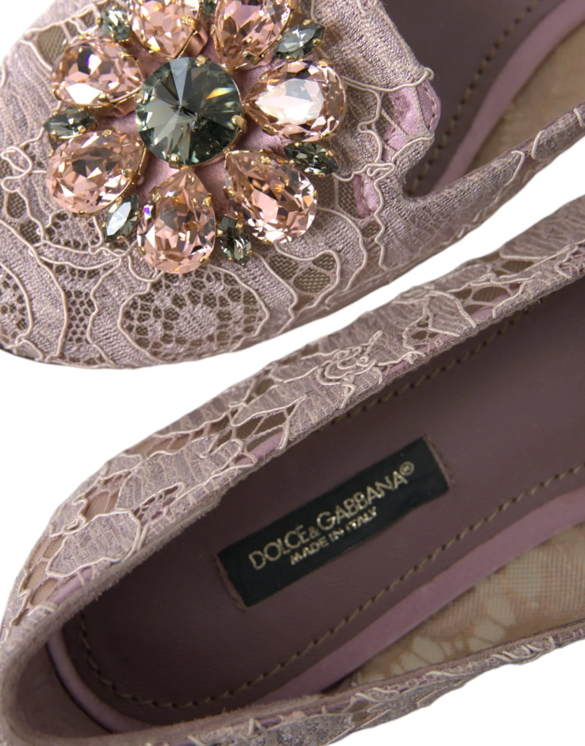 Dolce & Gabbana Pink Lace Crystal Ballet Flats Loafers Shoes - Zeiniez