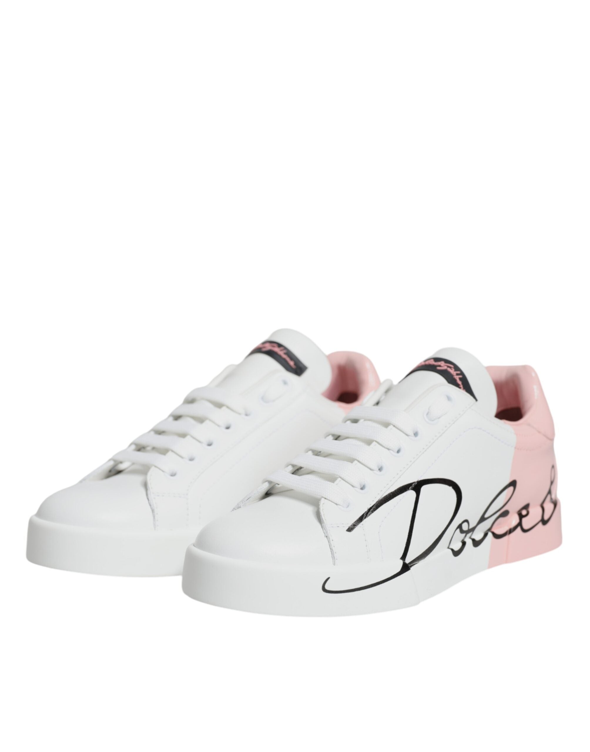 Dolce & Gabbana White Pink Portofino Low Top Sneakers Shoes - Zeiniez