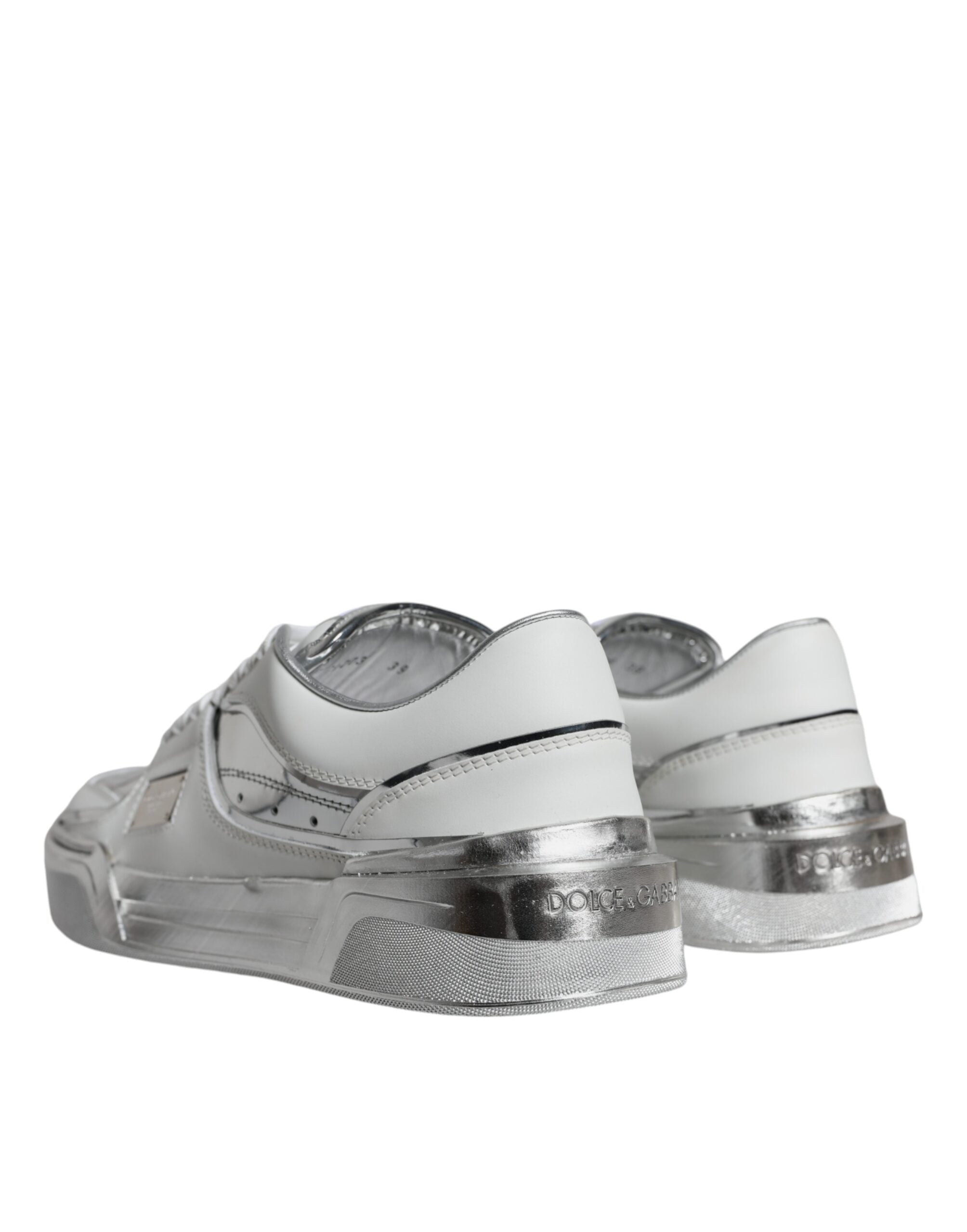 Dolce & Gabbana White Silver Leather Low Top Sneakers Shoes - Zeiniez
