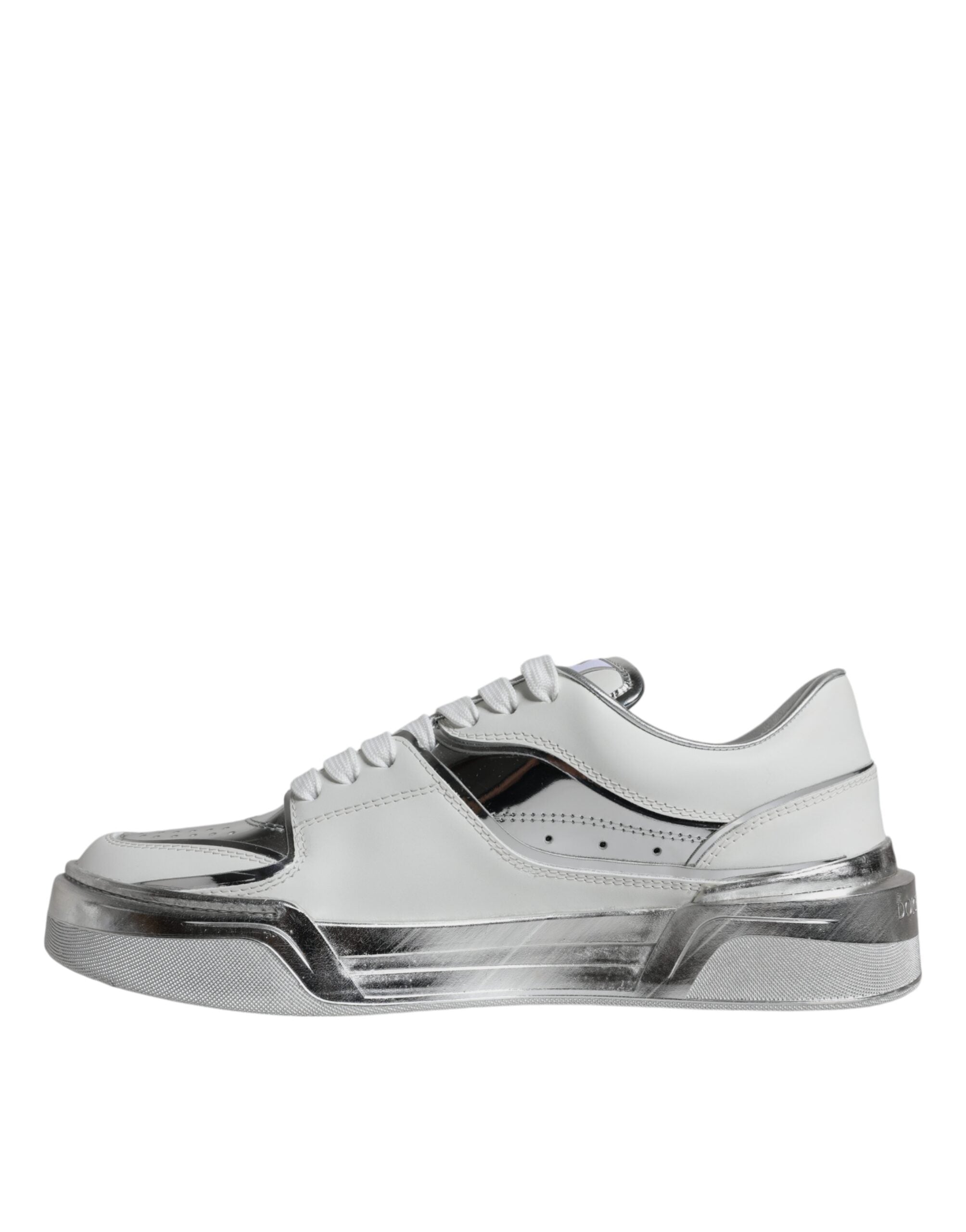 Dolce & Gabbana White Silver Leather Low Top Sneakers Shoes - Zeiniez