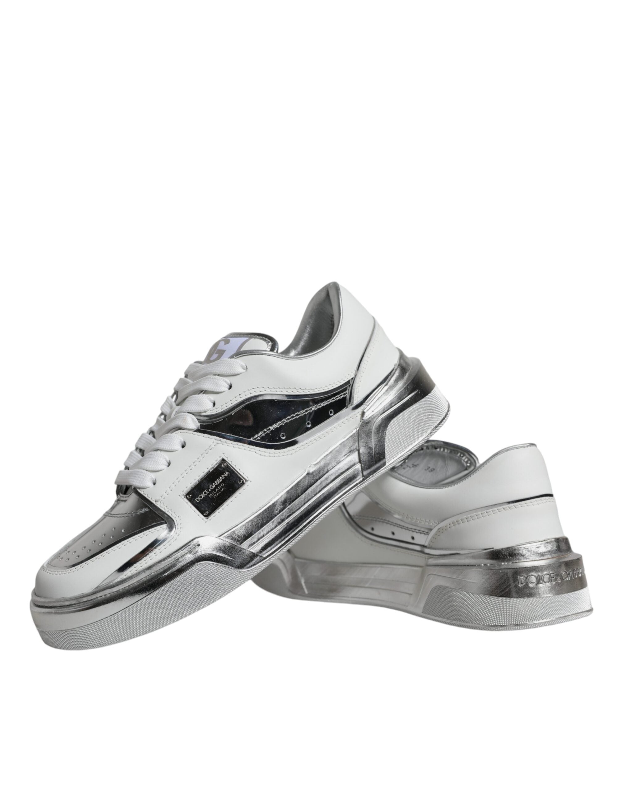 Dolce & Gabbana White Silver Leather Low Top Sneakers Shoes - Zeiniez