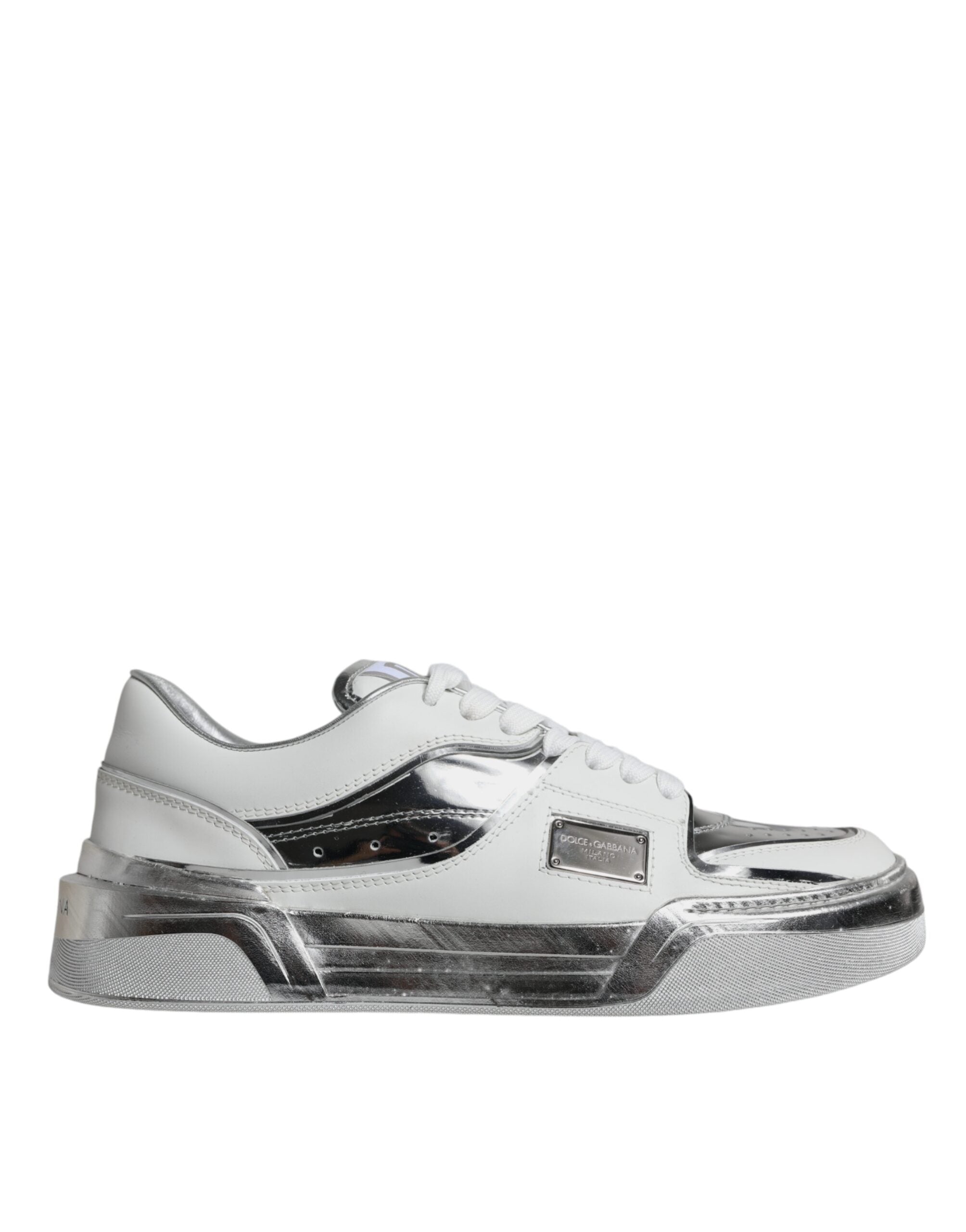Dolce & Gabbana White Silver Leather Low Top Sneakers Shoes - Zeiniez