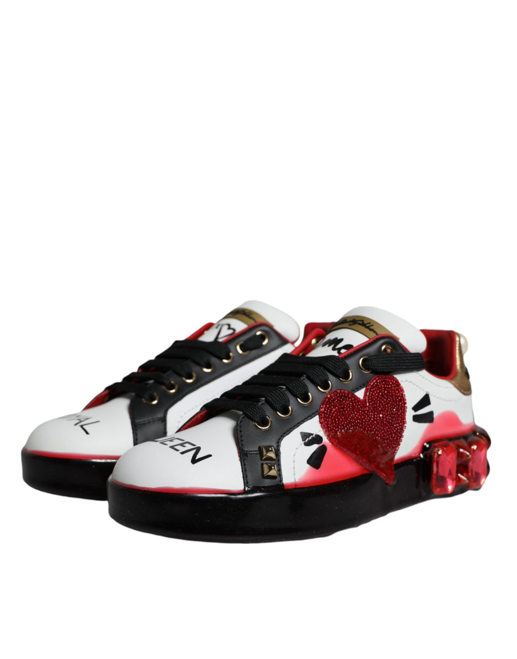 Dolce & Gabbana White Red Crystals Leather Portofino Sneakers Shoes - Zeiniez