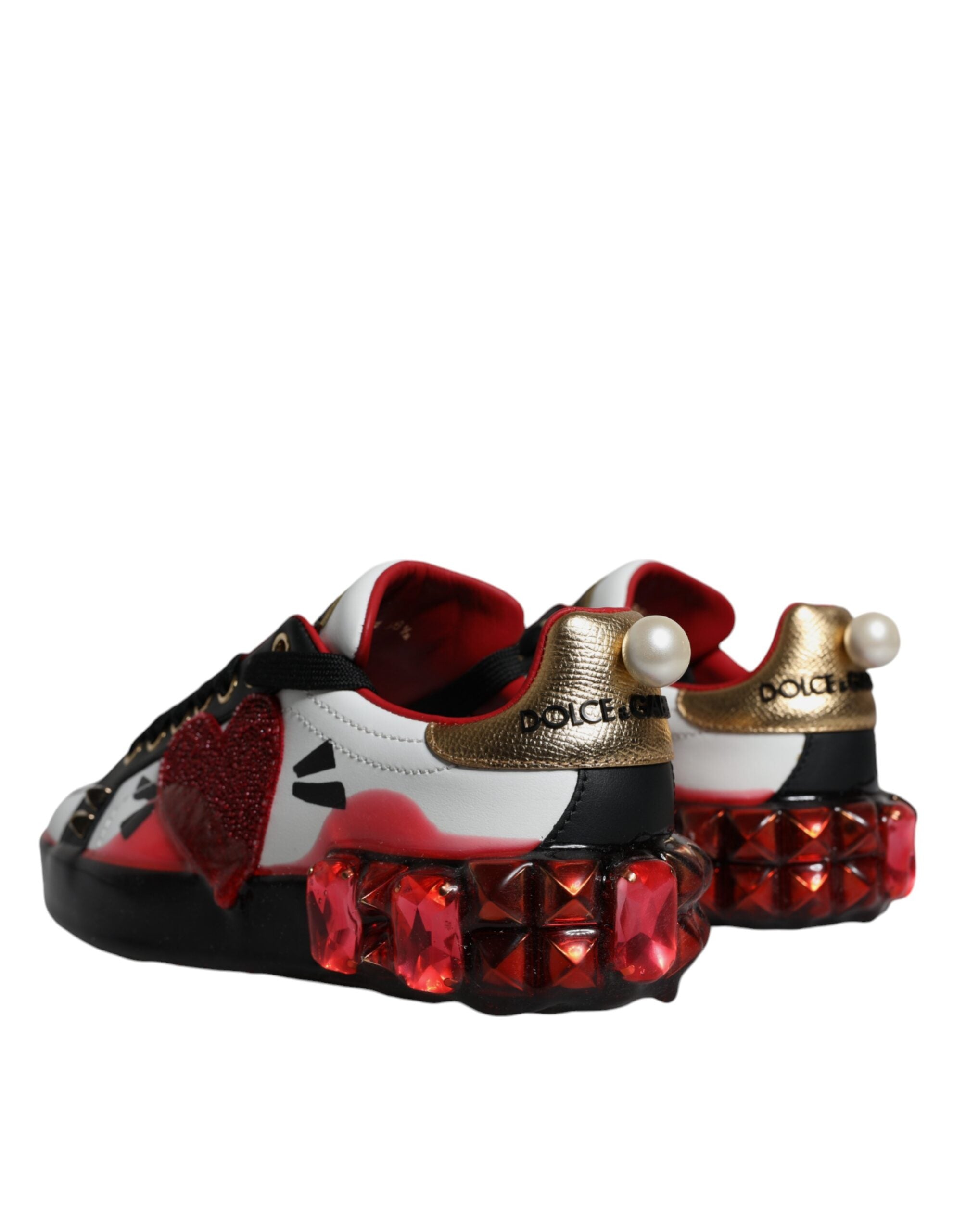 Dolce & Gabbana White Red Crystals Leather Portofino Sneakers Shoes - Zeiniez