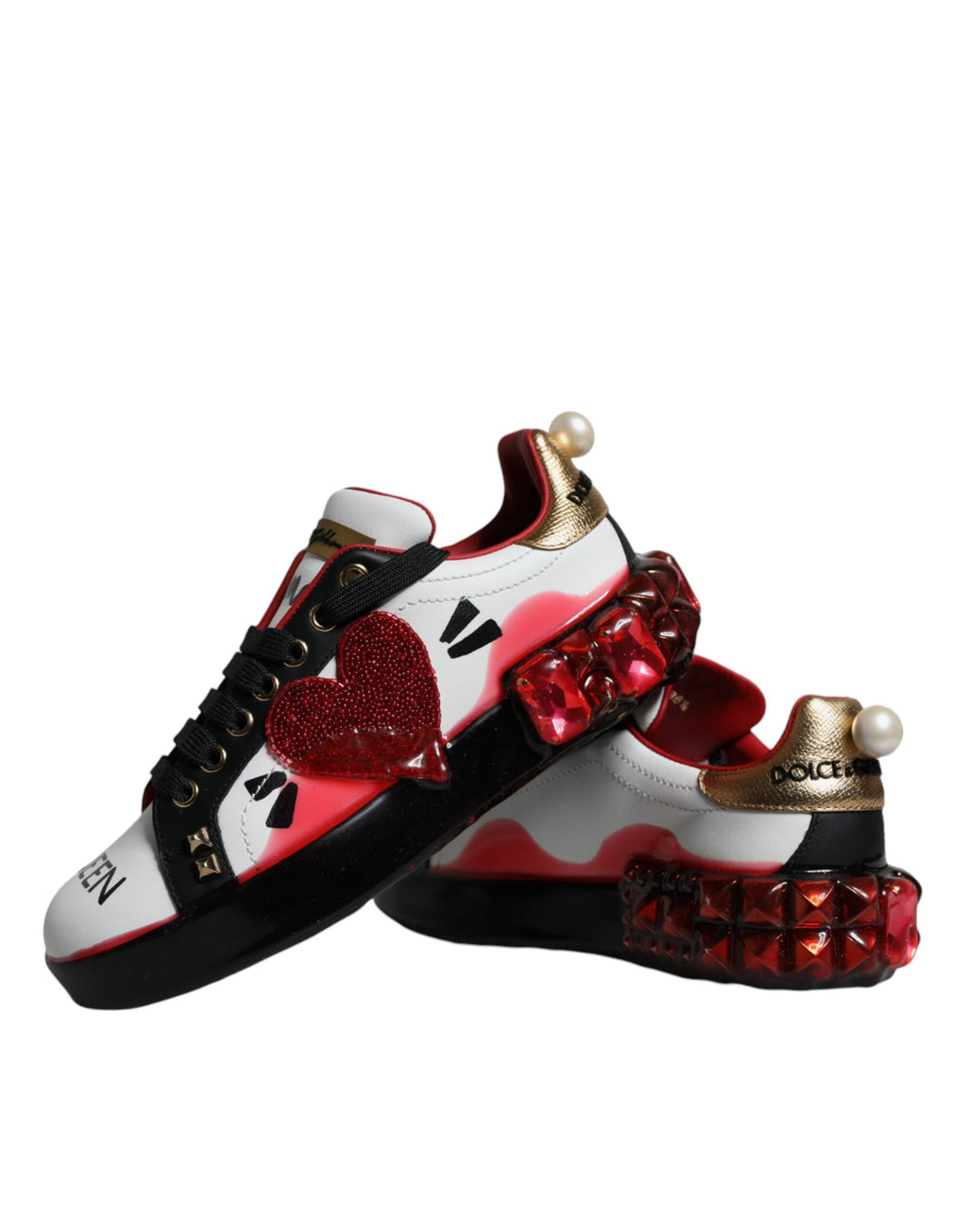Dolce & Gabbana White Red Crystals Leather Portofino Sneakers Shoes - Zeiniez