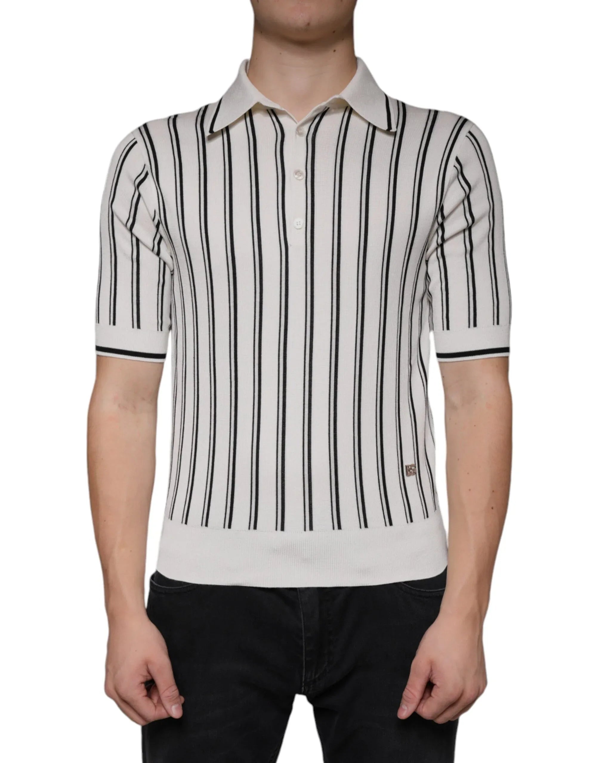 Dolce & Gabbana White Black Stripe Polo Short Sleeve T-shirt - Zeiniez