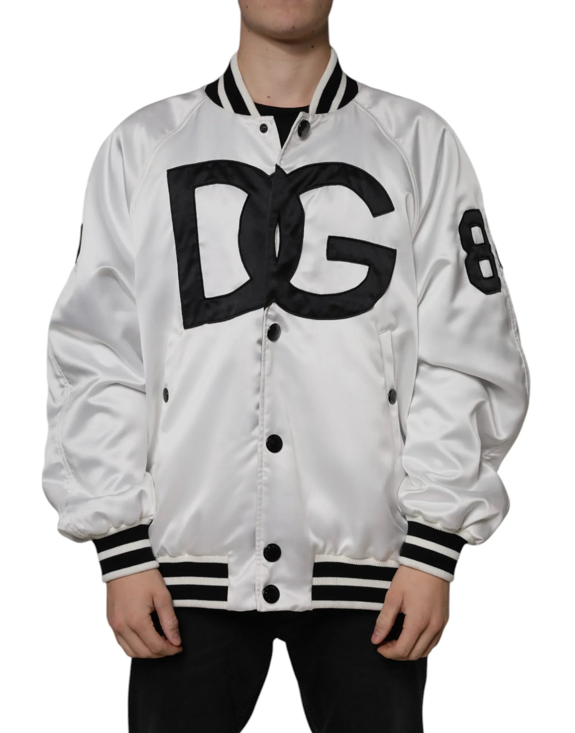 Dolce & Gabbana White Polyester Logo Full Zip Bomber Jacket - Zeiniez