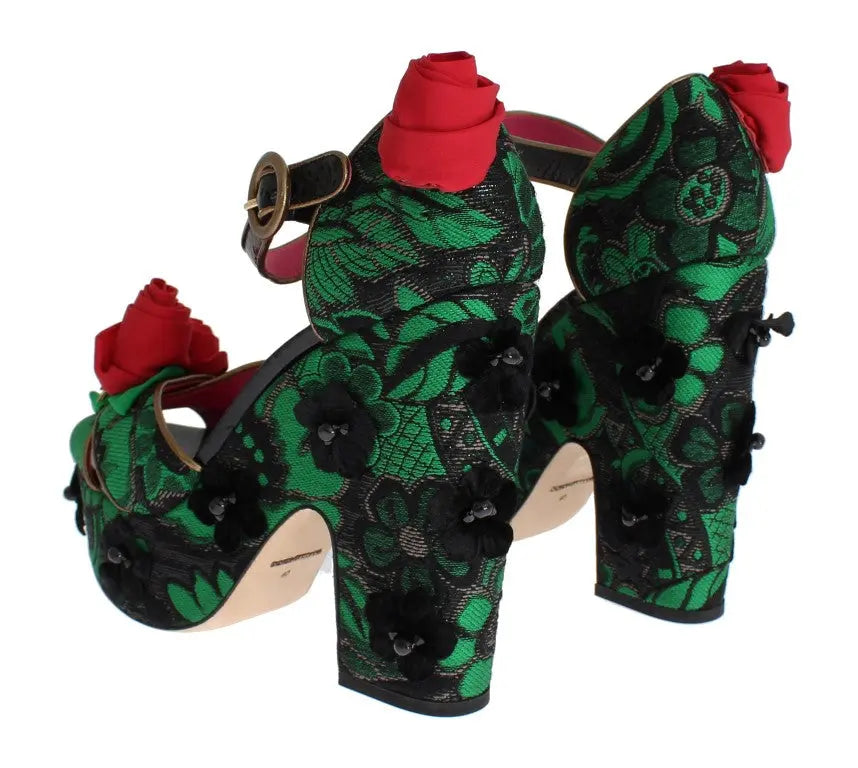 Dolce & Gabbana Green Brocade Snakeskin Roses Crystal Shoes Dolce & Gabbana