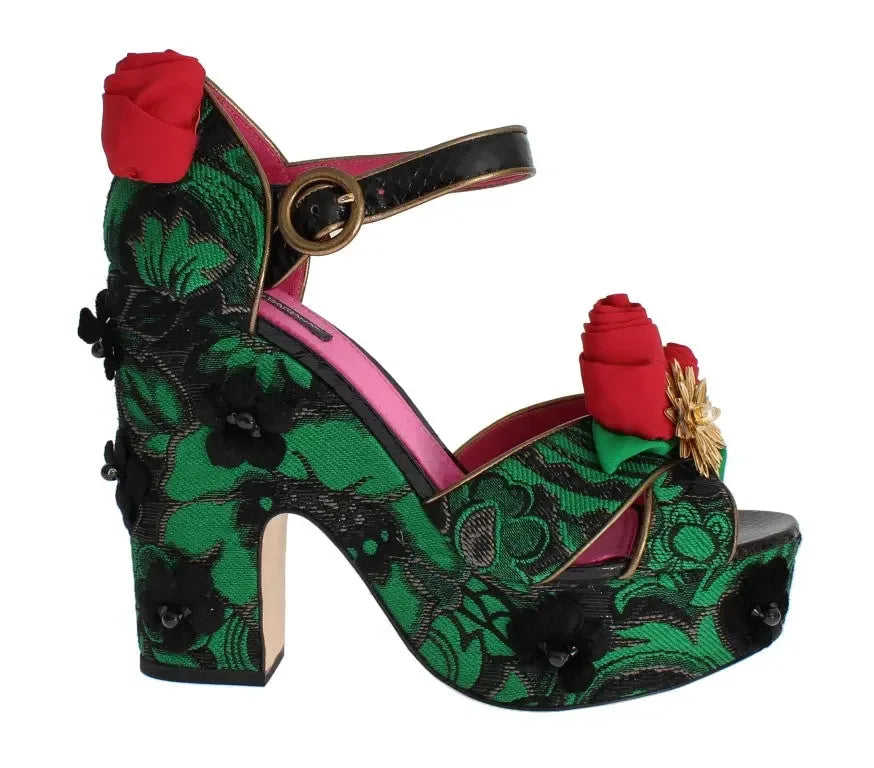 Dolce & Gabbana Green Brocade Snakeskin Roses Crystal Shoes - Zeiniez