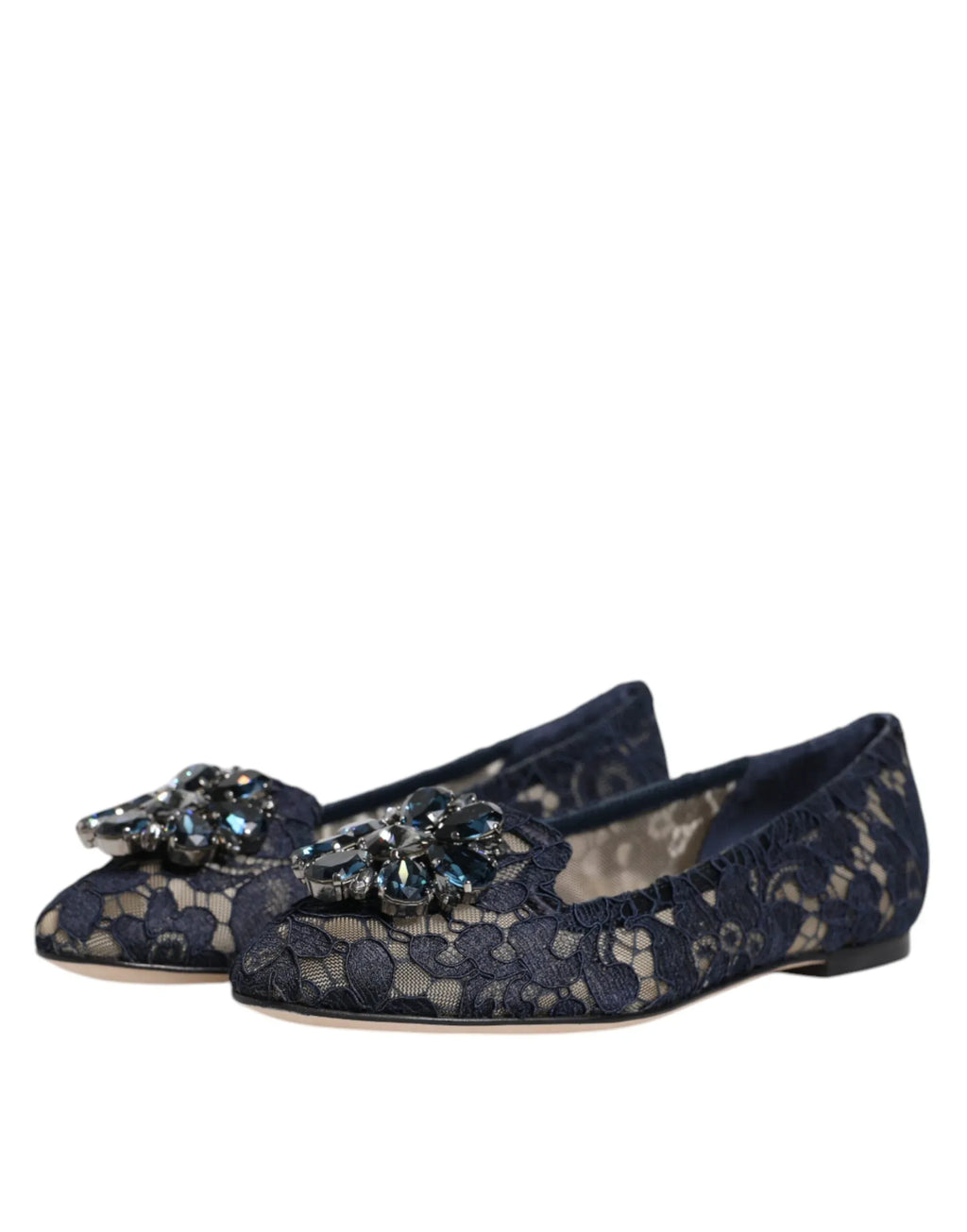 Dolce & Gabbana Blue Taormina Lace Crystals Flats Shoes - Zeiniez