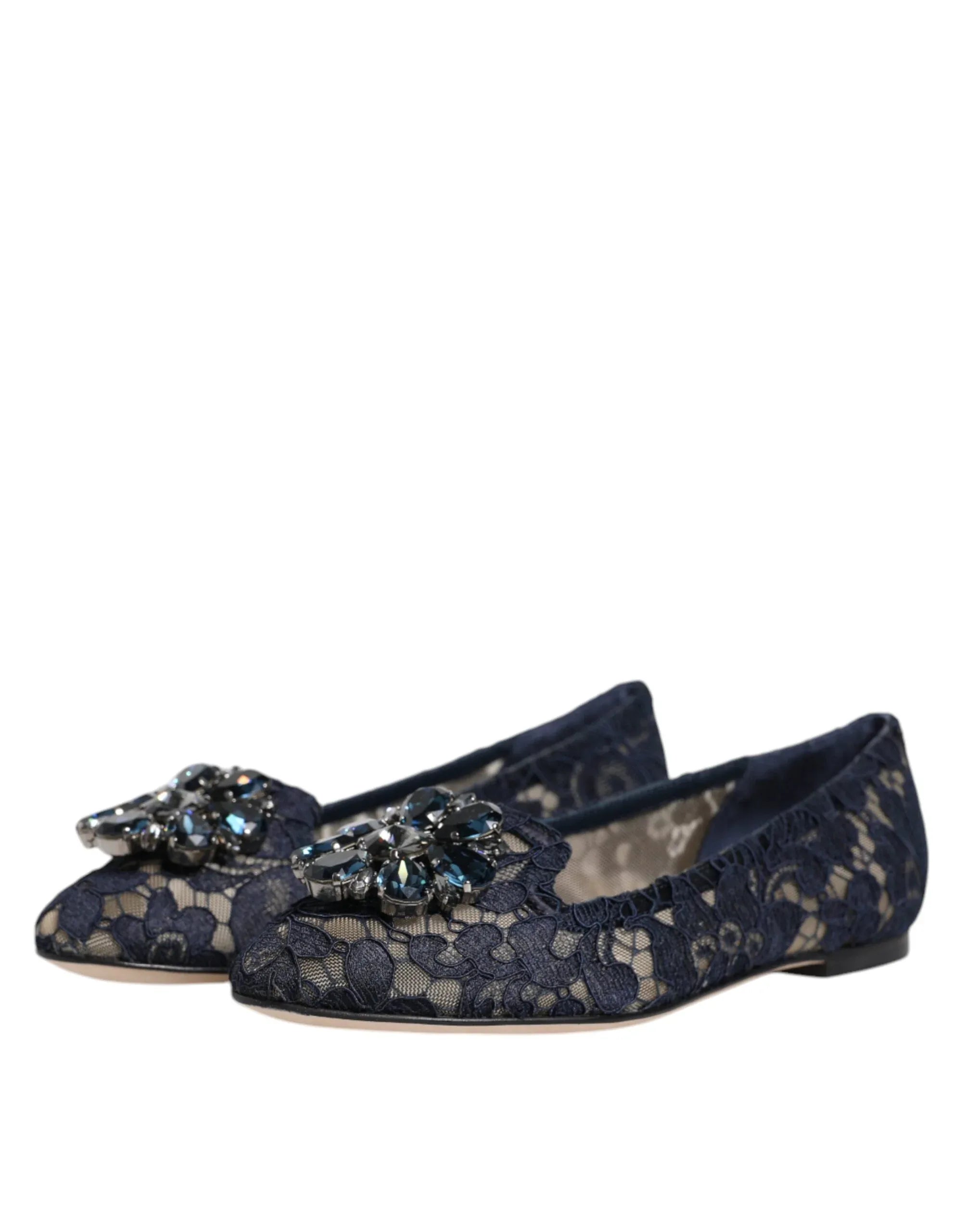 Dolce & Gabbana Blue Taormina Lace Crystals Flats Shoes - Zeiniez