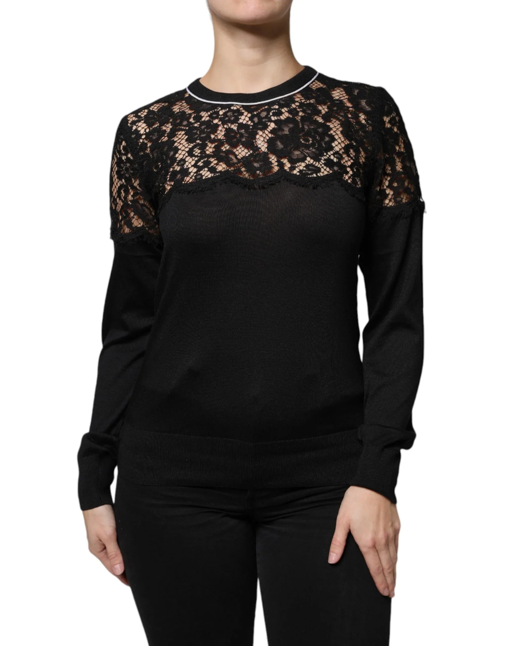 Dolce & Gabbana Black Floral Lace Silk Pullover Blouse Top - Zeiniez
